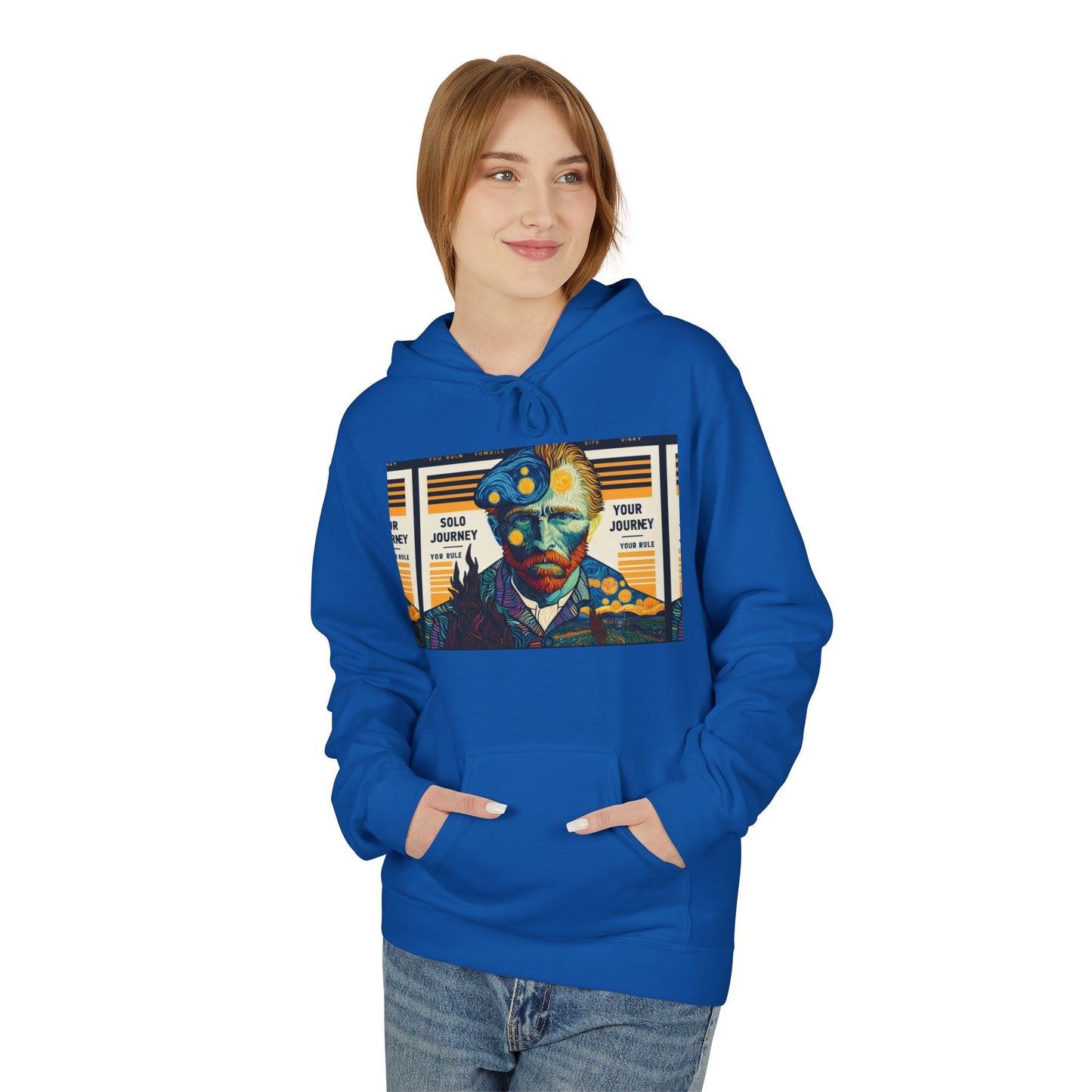 Model wearing the Van Gogh AI Graphic Western Rodeo Sweatshirt, highlighting its oversized fit and unique boho style for casual outings.