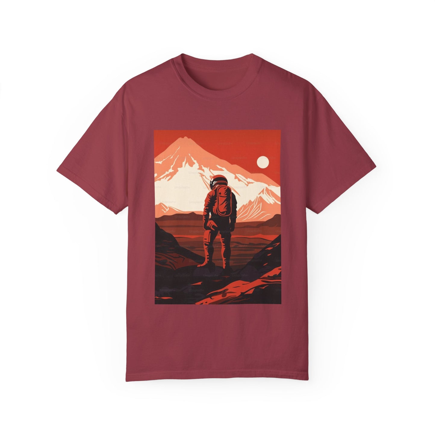 Man On Mars Graphic T-Shirt displayed on a model, showcasing its oversized boho style and eco-friendly organic cotton material.