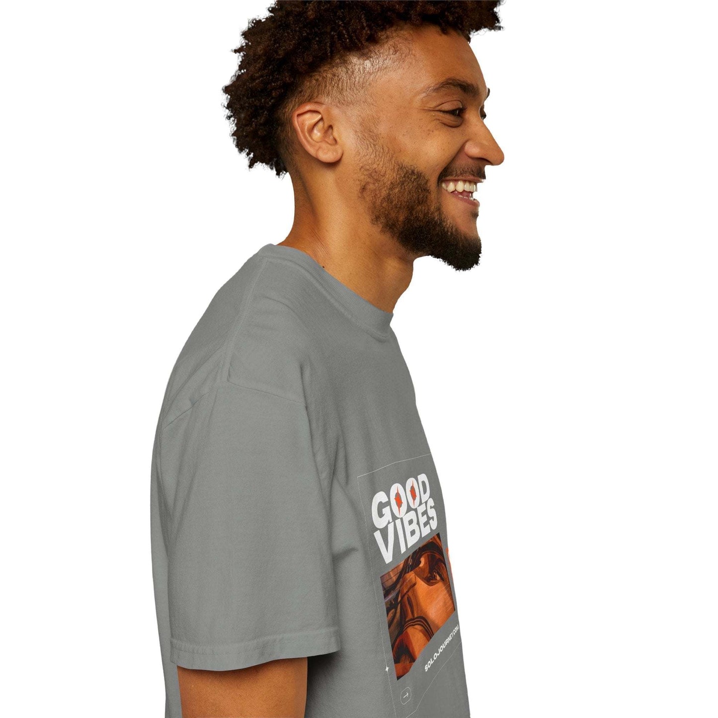 Good Vibes Graphic Design Pullover featuring a vintage boho style with artistic prints on a soft organic cotton oversized t-shirt.