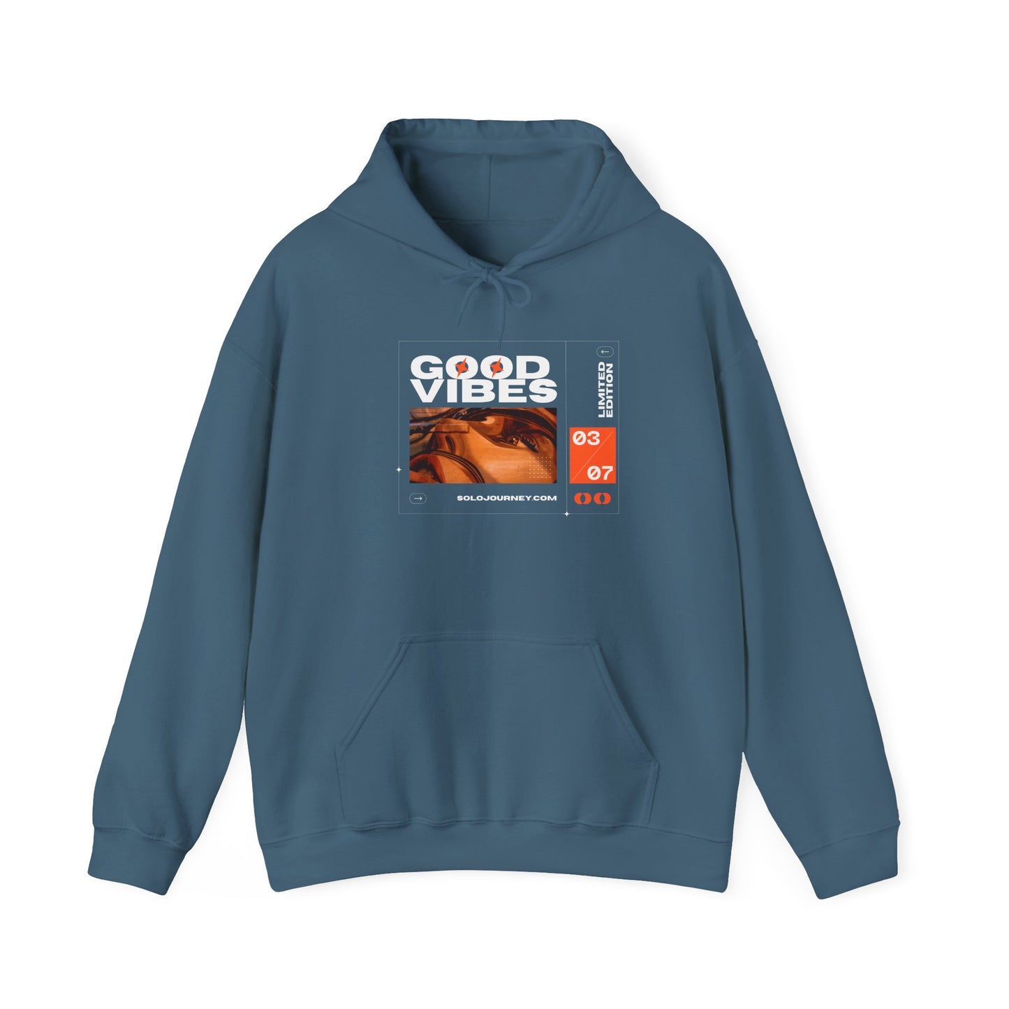Close-up of the graphic print on the Good Vibes Unisex Heavy Blend Hoodie, highlighting its unique design and sustainable materials.