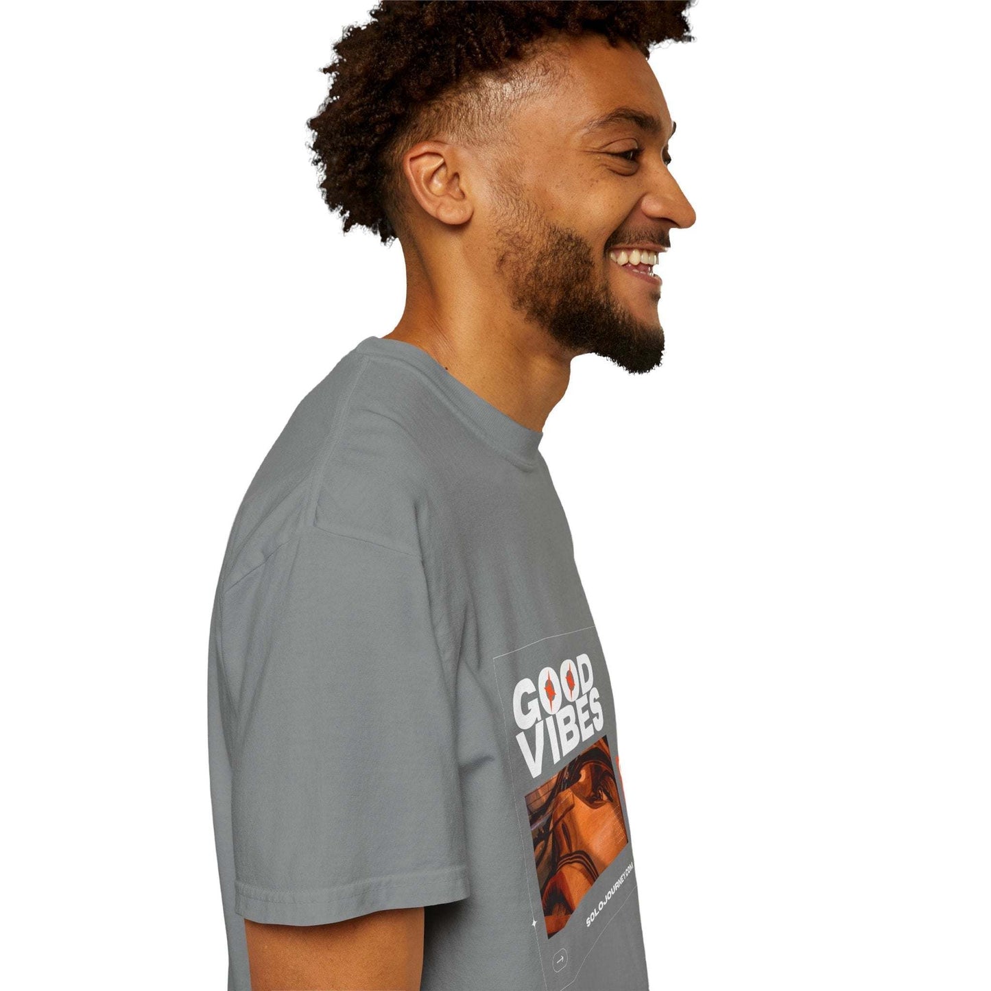 Close-up of the artistic print on the Good Vibes Graphic Design Pullover, highlighting its unique vintage aesthetic.