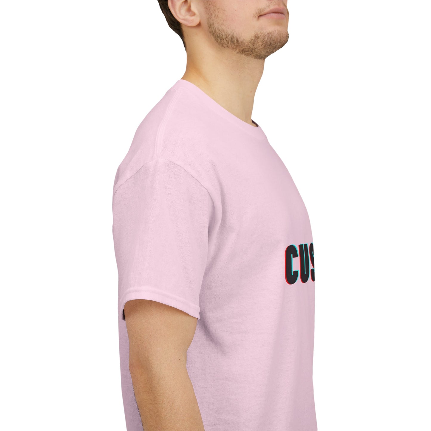 Close-up of the fabric and graphic design on the Personalized Unisex Heavy Cotton Tee - Eco-Friendly, Comfortable, Custom Graphic Wear.