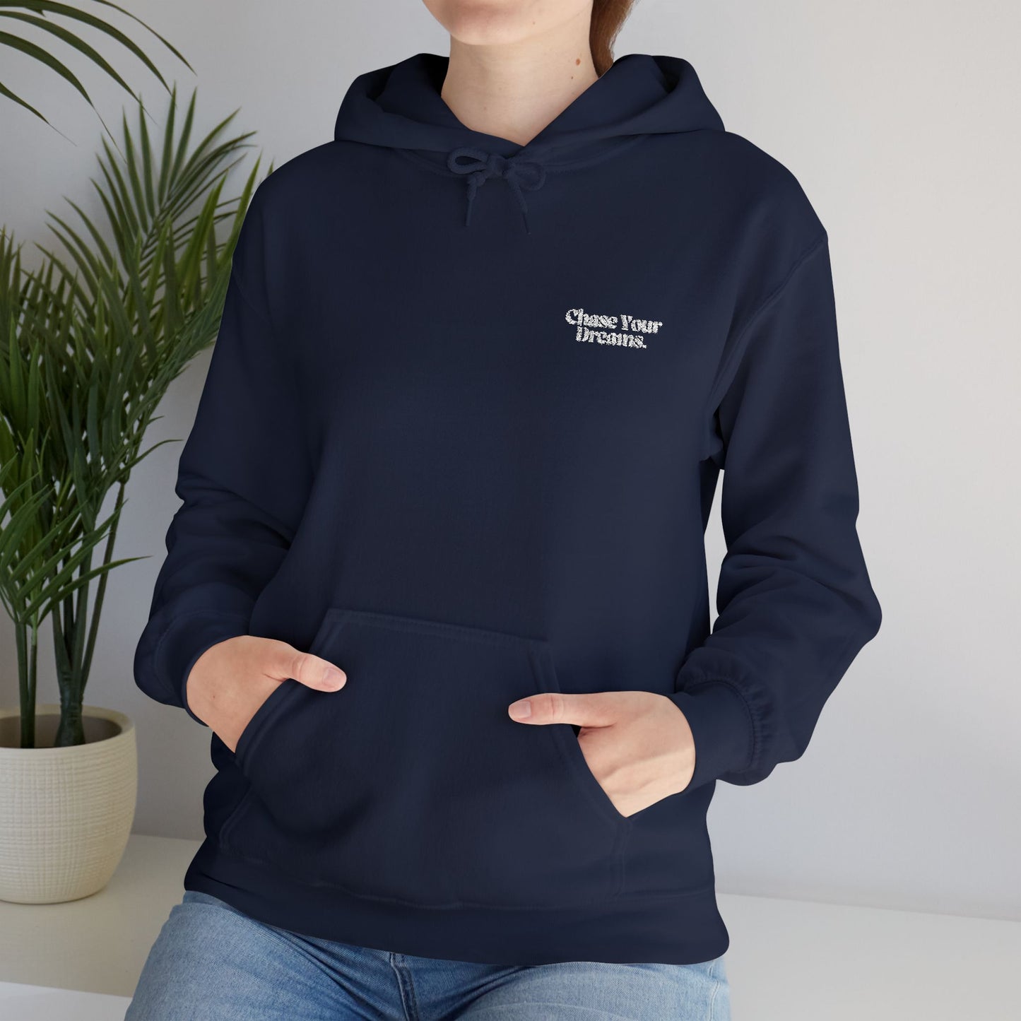 Model wearing the Chase Your Dreams Vintage Aesthetic Oversized Hoodie, emphasizing comfort and eco-conscious style.