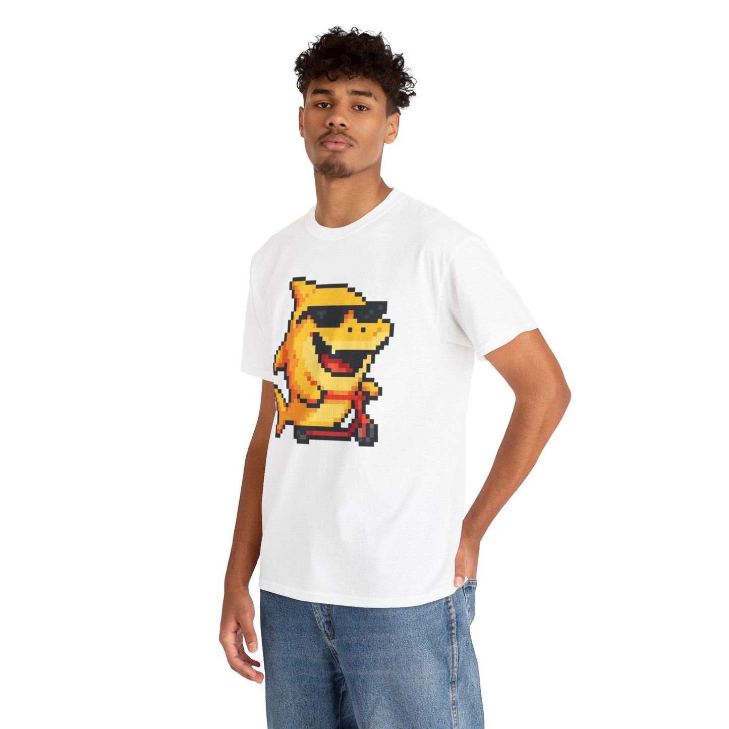 Retro Pixel Baby Shark Unisex Heavy Cotton Tee, Fun Graphic Tee, Gamer Shirt, Gift for Shark Lovers, Summer Casual Wear, Retro T-Shirt