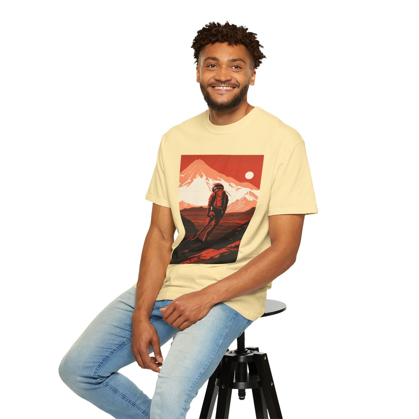 Lifestyle image of the Man On Mars Graphic T-Shirt being worn at a festival, emphasizing its bold graphic design and relaxed fit.