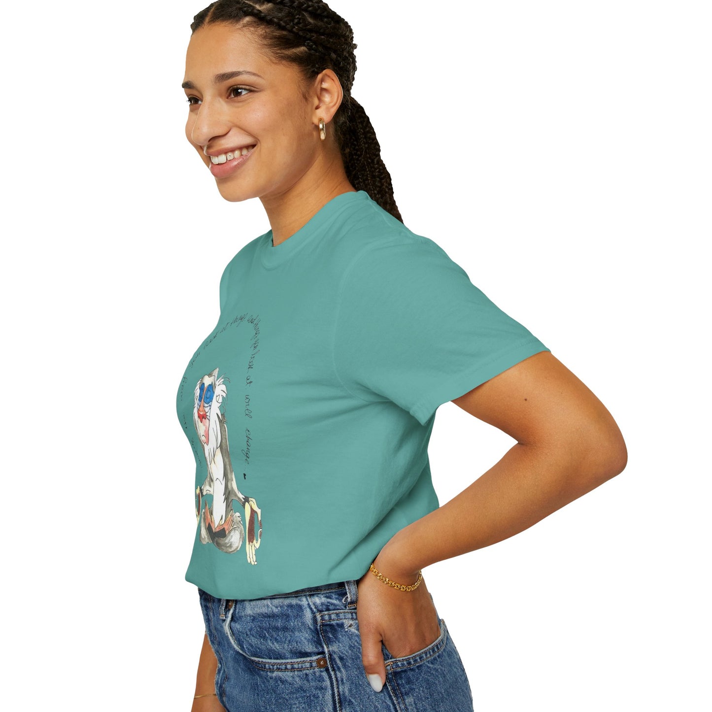Model wearing the Monkey Legend Graphic Art Oversized Boho Pullover Tee, demonstrating its relaxed fit and stylish look.