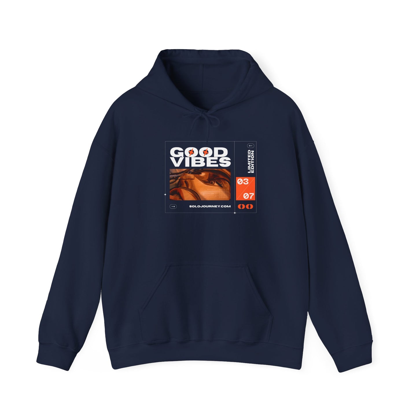 Details of the Good Vibes Unisex Heavy Blend Hoodie showing the soft organic cotton fabric, ideal for sensitive skin and casual wear.