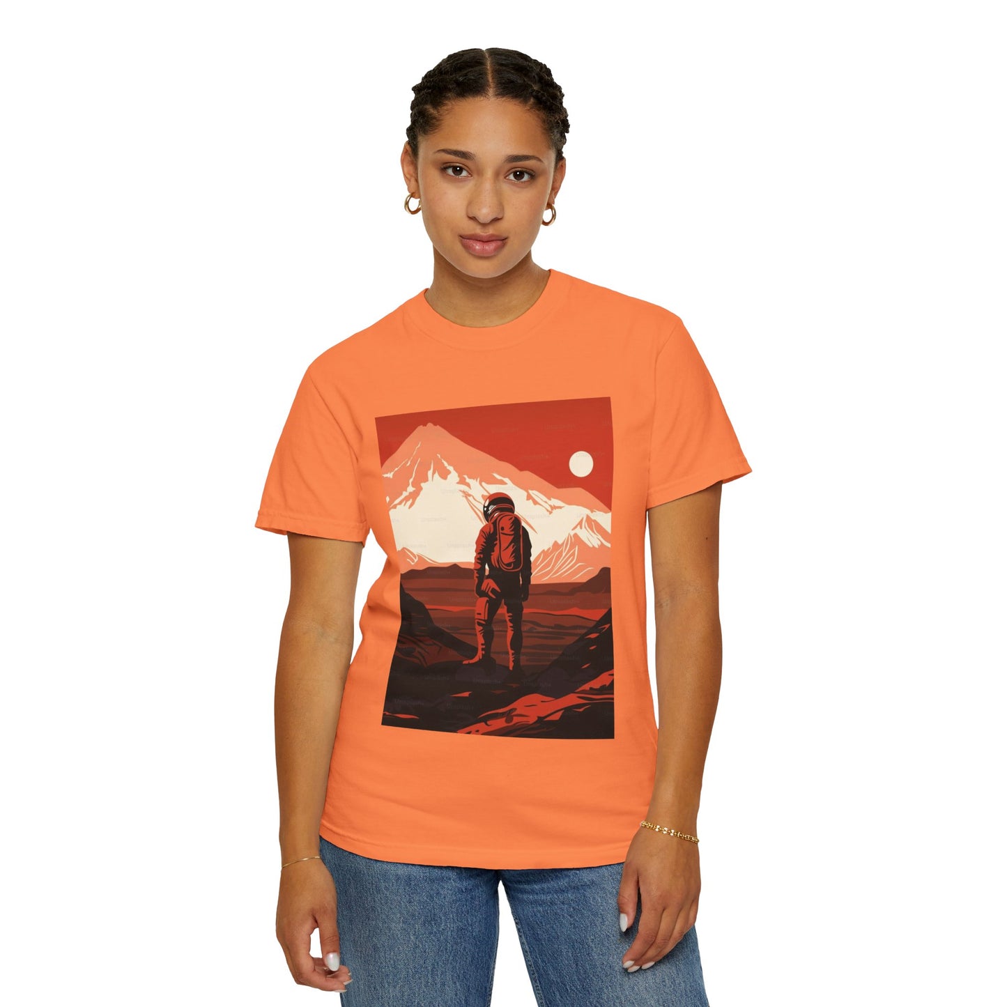 Back view of the Man On Mars Graphic T-Shirt - Eco-Friendly Organic Cotton, demonstrating the oversized fit and comfortable design.