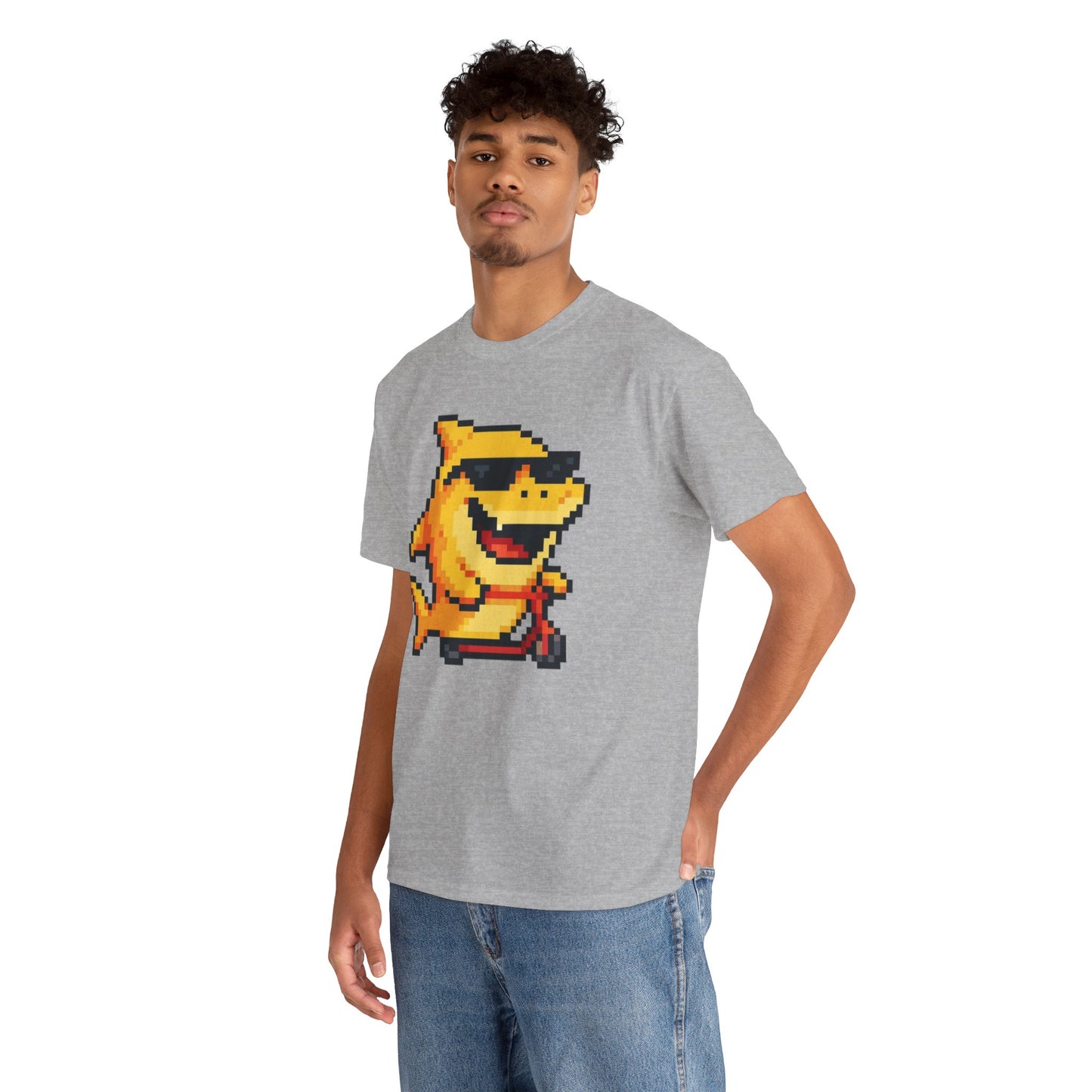 Retro Pixel Baby Shark Unisex Heavy Cotton Tee, Fun Graphic Tee, Gamer Shirt, Gift for Shark Lovers, Summer Casual Wear, Retro T-Shirt