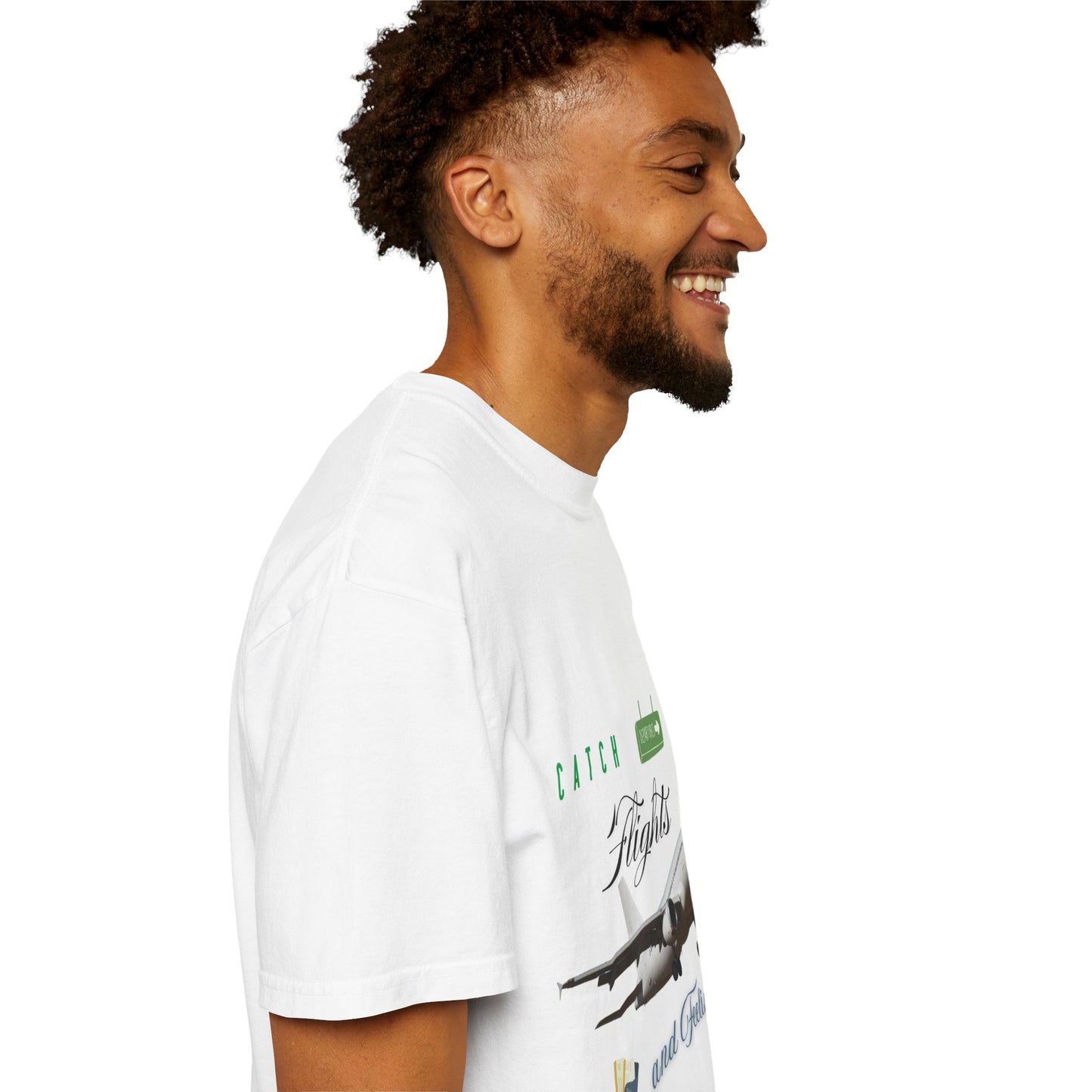 Catch Flights And Feelings Oversized Crewneck - Eco-Friendly Organic Cotton Pullover T-Shirt showcased in a bright outdoor setting, emphasizing its relaxed fit and stylish graphic design.