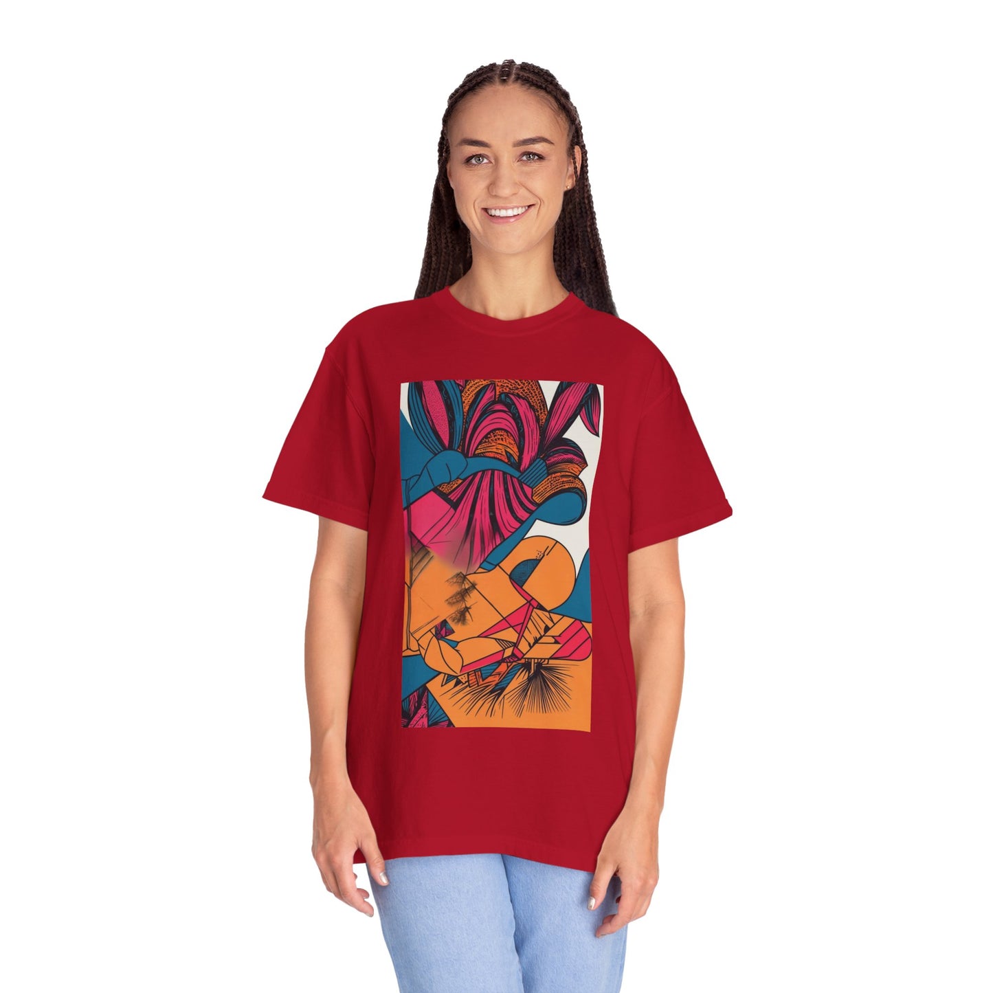 Close-up of the Berry Masterpiece Oversized Boho T-Shirt 09 - Eco-Friendly Organic Cotton Graphic Tee, highlighting the unique hand-drawn graphic print.