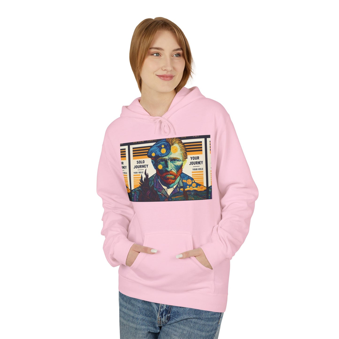 Back view of the Van Gogh AI Graphic Western Rodeo Sweatshirt - Vintage Cowboy Oversized Boho Hoodie showcasing its relaxed fit and organic cotton material.