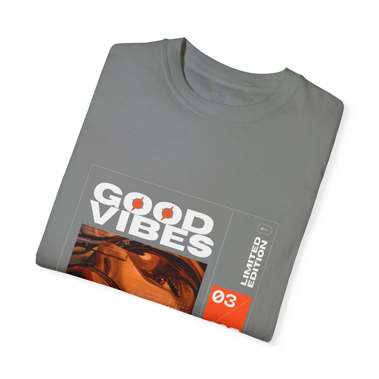 Good Vibes Graphic Design Pullover showcasing a vintage boho oversized t-shirt made from organic cotton in a relaxed fit.