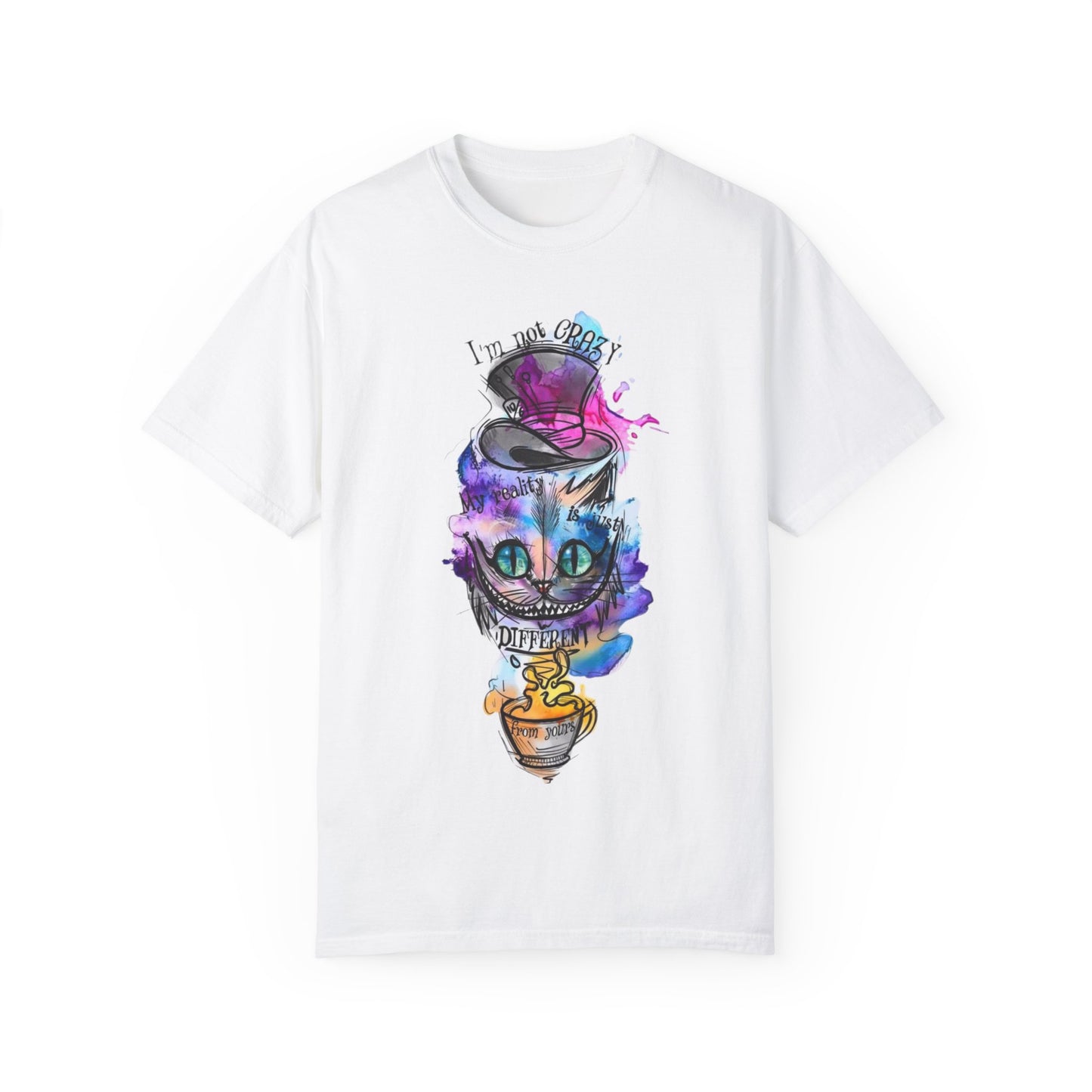 The Personalized Cat With A Hat Country Music Graphic T-Shirt displayed on a hanger, highlighting its sustainable and stylish features.