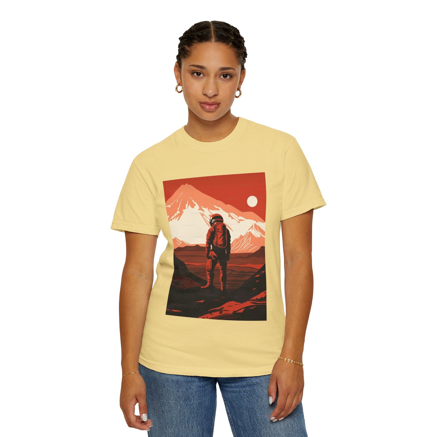 Man On Mars Graphic T-Shirt - Eco-Friendly Organic Cotton, Oversized Unisex Boho Tee displayed in a casual outdoor setting.