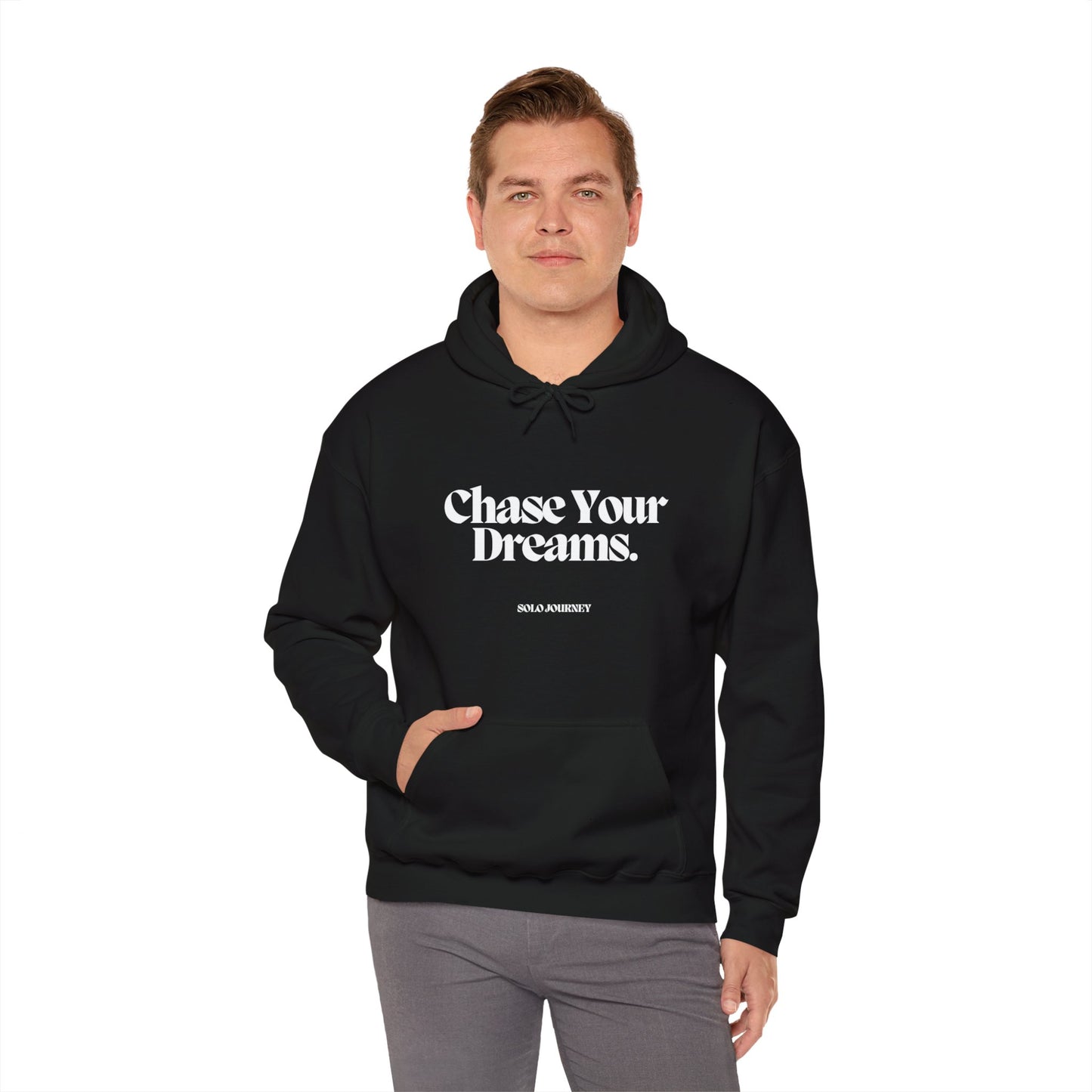 Chase Your Dreams Hoodie, eco-friendly unisex sweatshirt made from soft organic cotton, featuring a cozy design with a kangaroo pouch pocket.