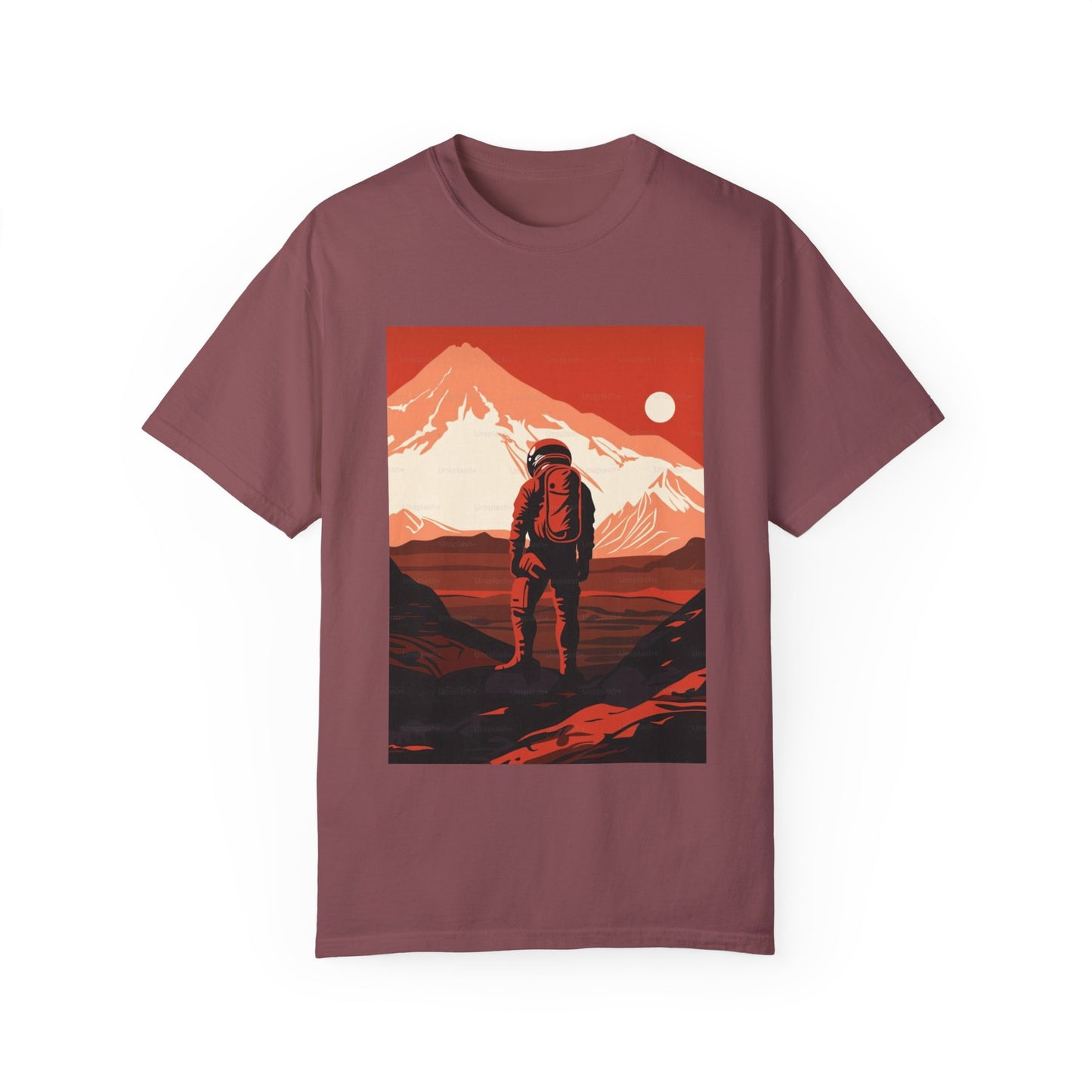 Casual view of the Man On Mars Graphic T-Shirt - Eco-Friendly Organic Cotton, Oversized Unisex Boho Tee worn in a relaxed setting.