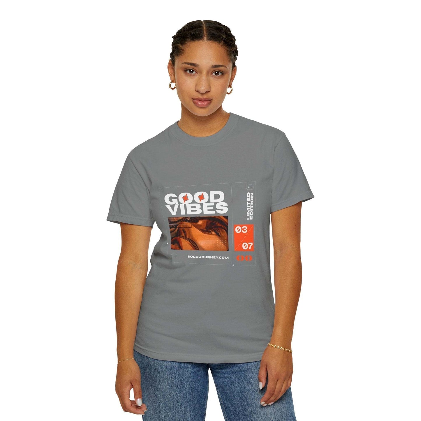 Good Vibes Graphic Design Pullover laid flat, highlighting the soft organic cotton fabric and playful graphic design.
