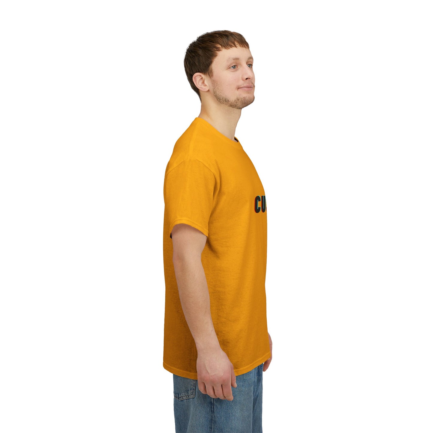 Colorful graphic prints on a Personalized Unisex Heavy Cotton Tee, representing a blend of comfort, creativity, and sustainability