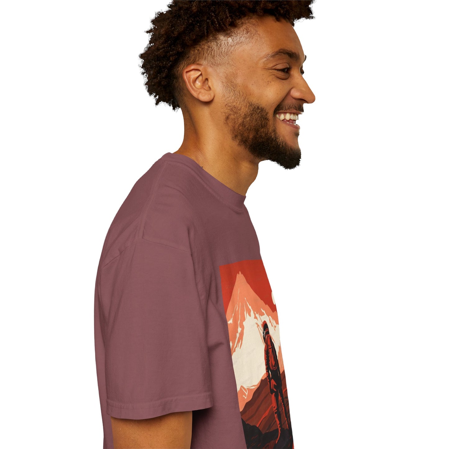 Creative display of the Man On Mars Graphic T-Shirt with emphasis on its unique artistic prints, perfect for eco-conscious individuals.
