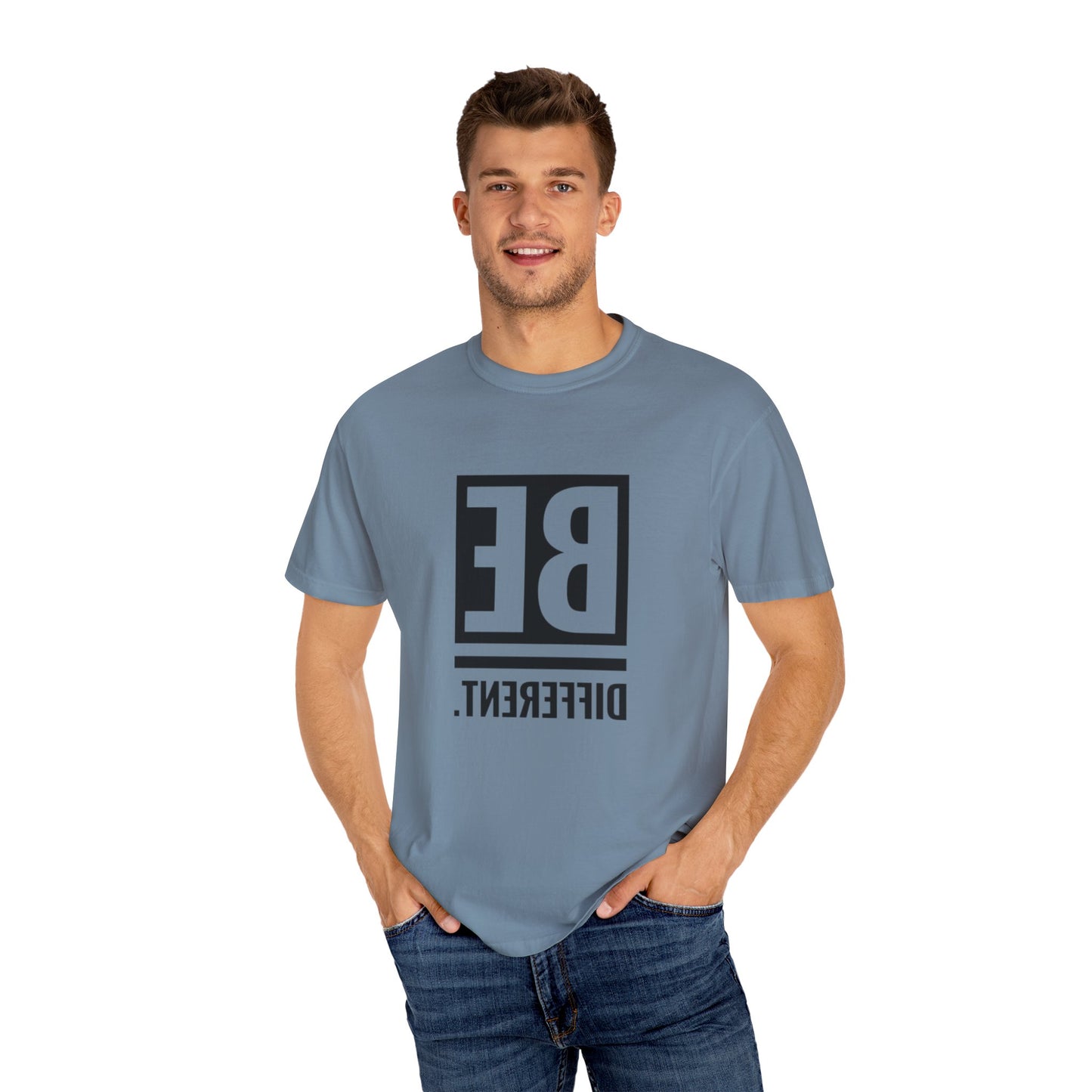 Model wearing the Be Different Art Graphic Oversized Boho T-Shirt styled with high-waisted jeans for a casual look.