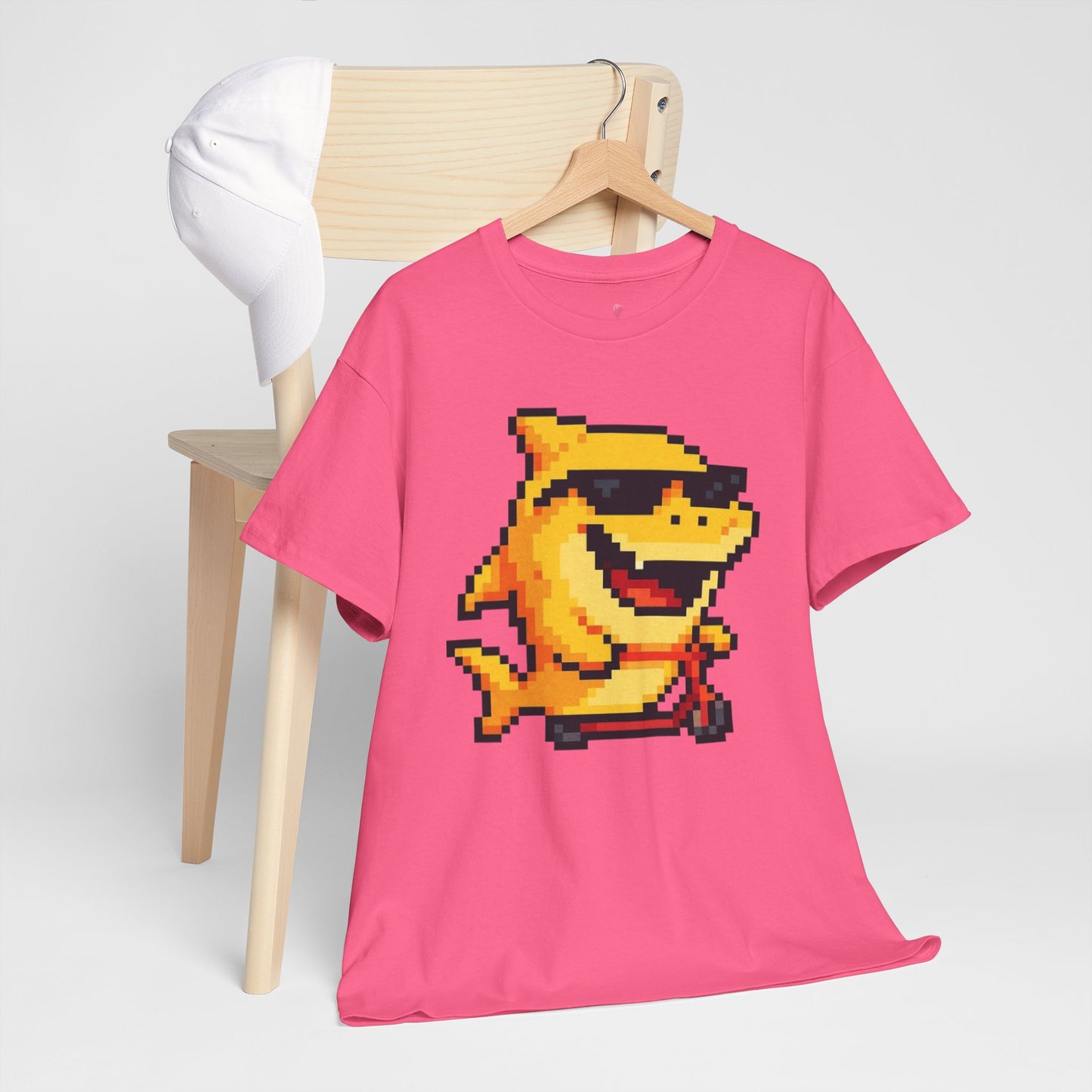Retro Pixel Baby Shark Unisex Heavy Cotton Tee, Fun Graphic Tee, Gamer Shirt, Gift for Shark Lovers, Summer Casual Wear, Retro T-Shirt