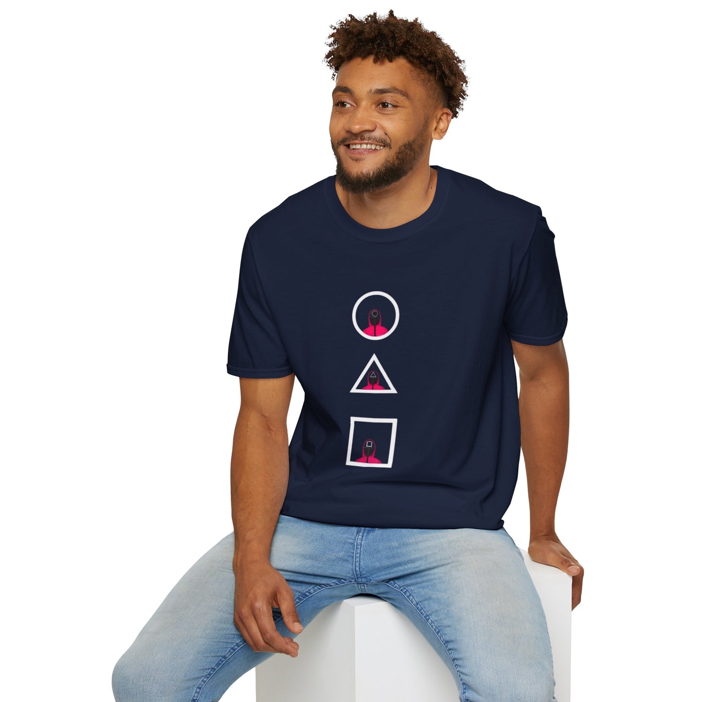 Model wearing the Unisex Softstyle T-Shirt - Eco-Friendly 100% Cotton Minimalist Graphic Tee paired with jeans, perfect for casual outings.