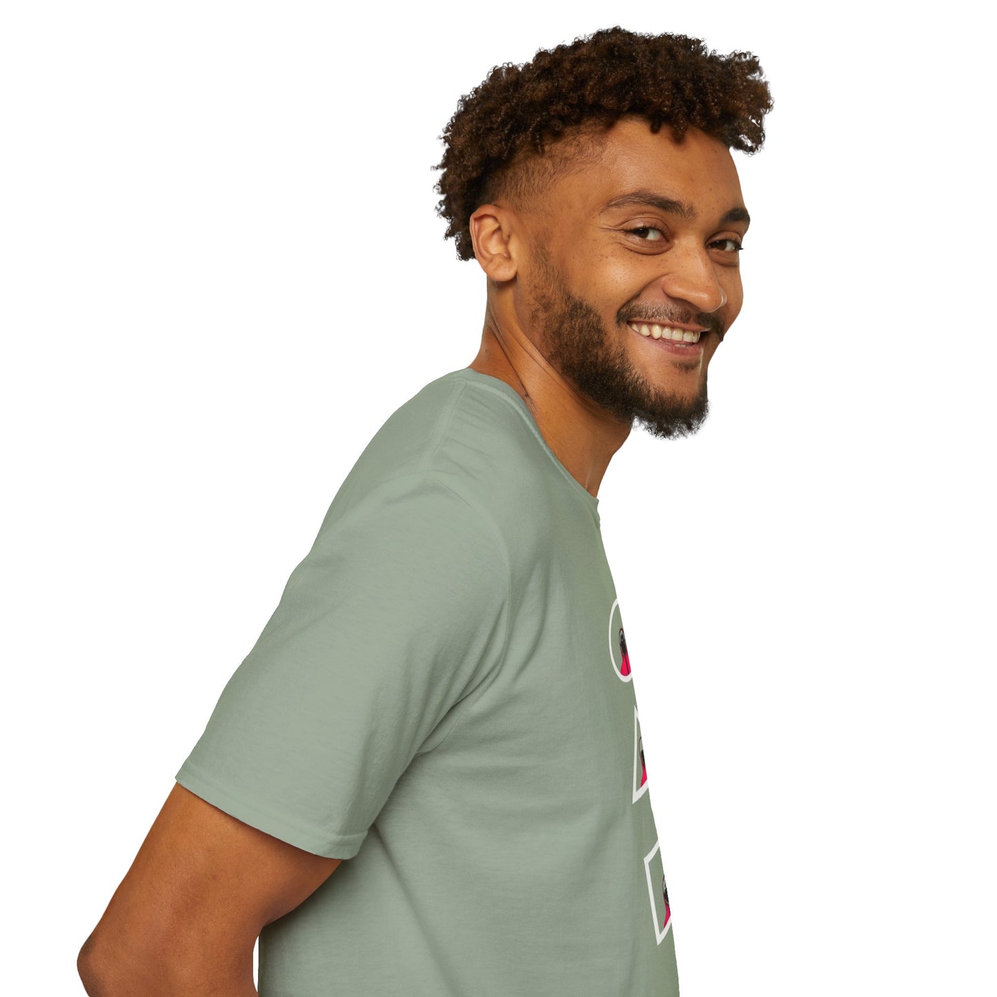 Close-up of the Unisex Softstyle T-Shirt - Eco-Friendly 100% Cotton Minimalist Graphic Tee highlighting the soft fabric texture and unique graphic design.