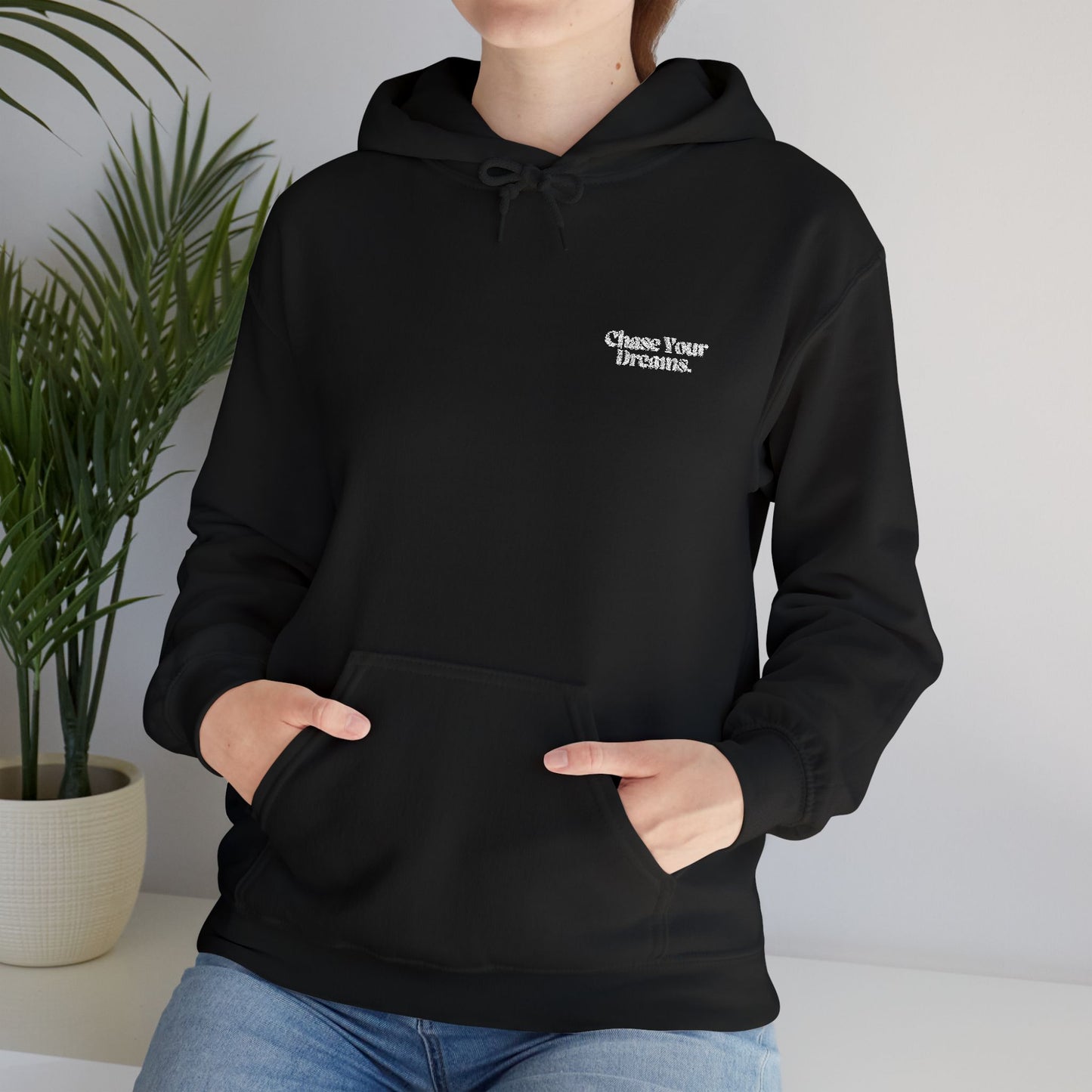 Back view of the Chase Your Dreams oversized hoodie, highlighting its relaxed fit and eco-conscious design.