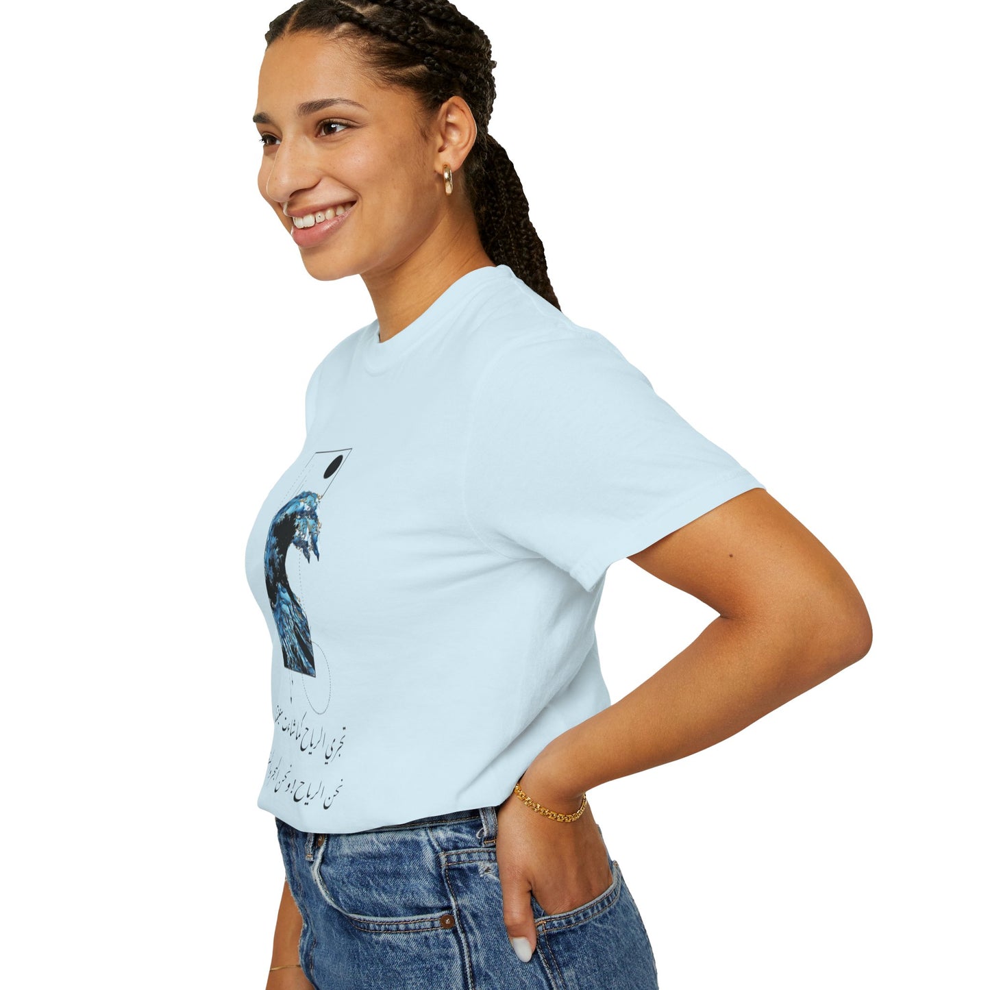 Person wearing the Waves Art Vintage Aesthetic Pullover, pairing it with casual shorts for a boho chic look.