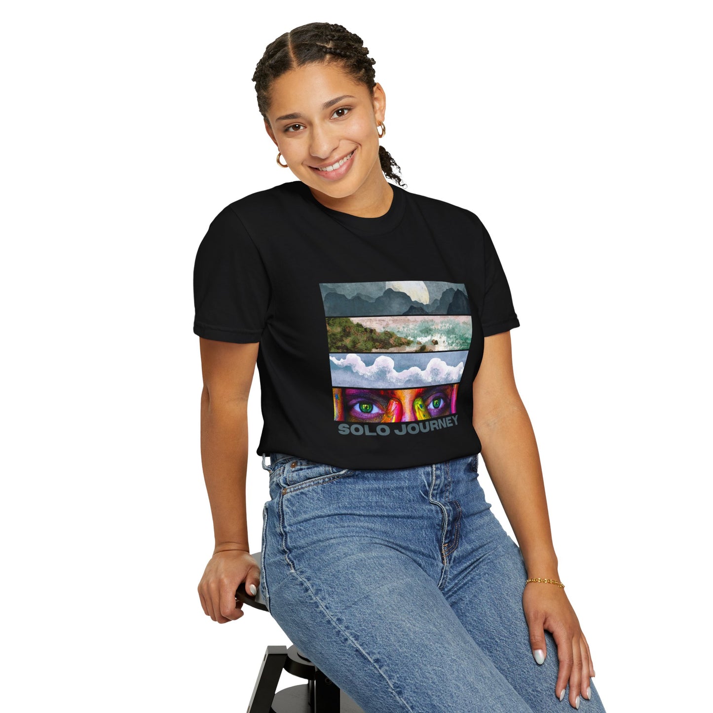 Vintage Aesthetic Oversized Boho T-Shirt 07 - Eco-Friendly Organic Cotton Tee on a model in a sunny outdoor setting, showcasing its relaxed fit and unique graphic design.
