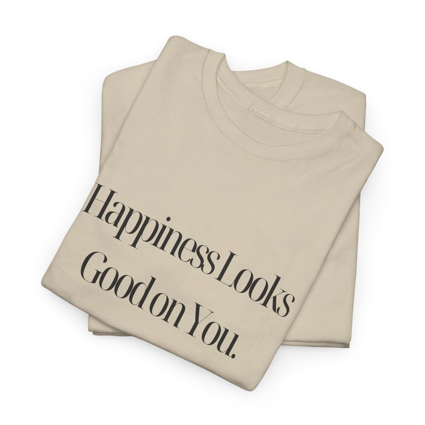 Close-up detail of the hand-drawn print on the Happiness Looks Good On You T-Shirt, showcasing a message of joy and sustainable fashion.
