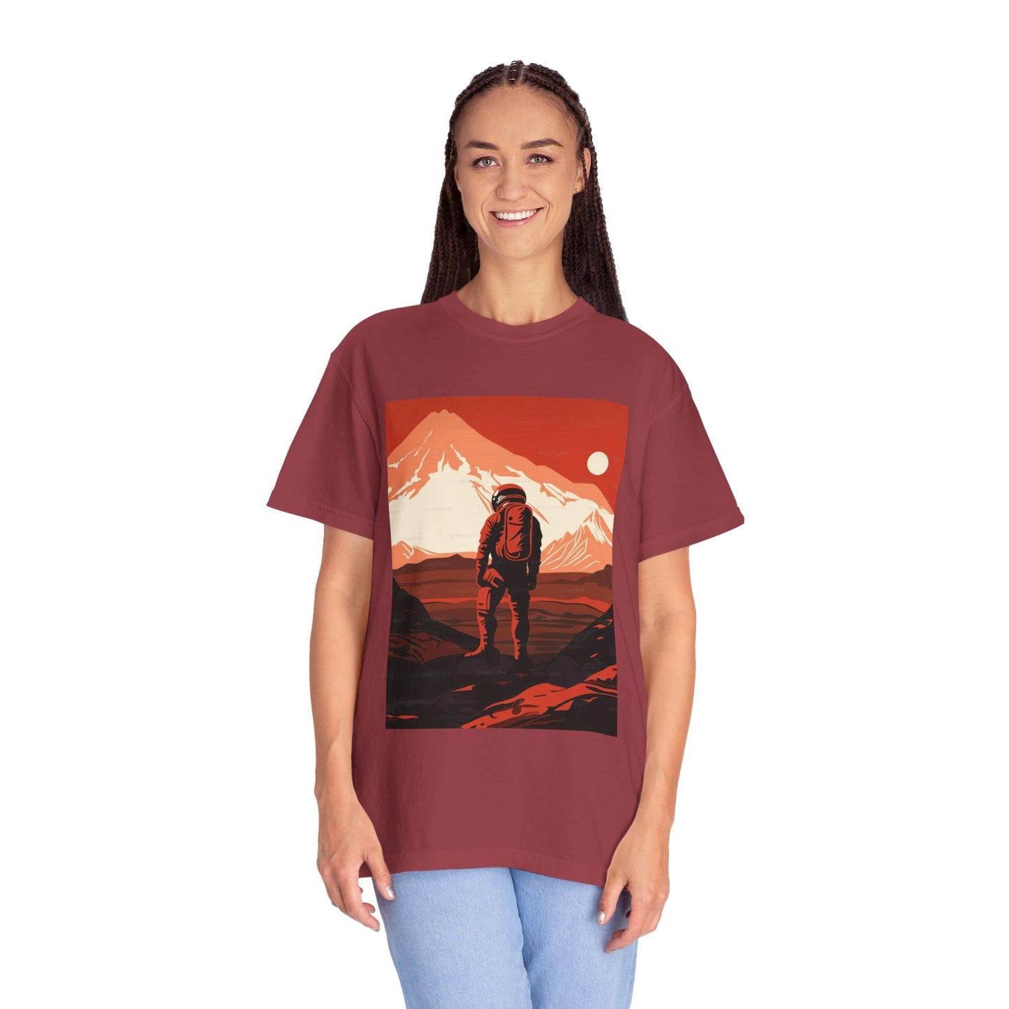 Close-up of the unique hand-drawn graphic on the Man On Mars Graphic T-Shirt, highlighting its artistic prints suitable for both men and women.