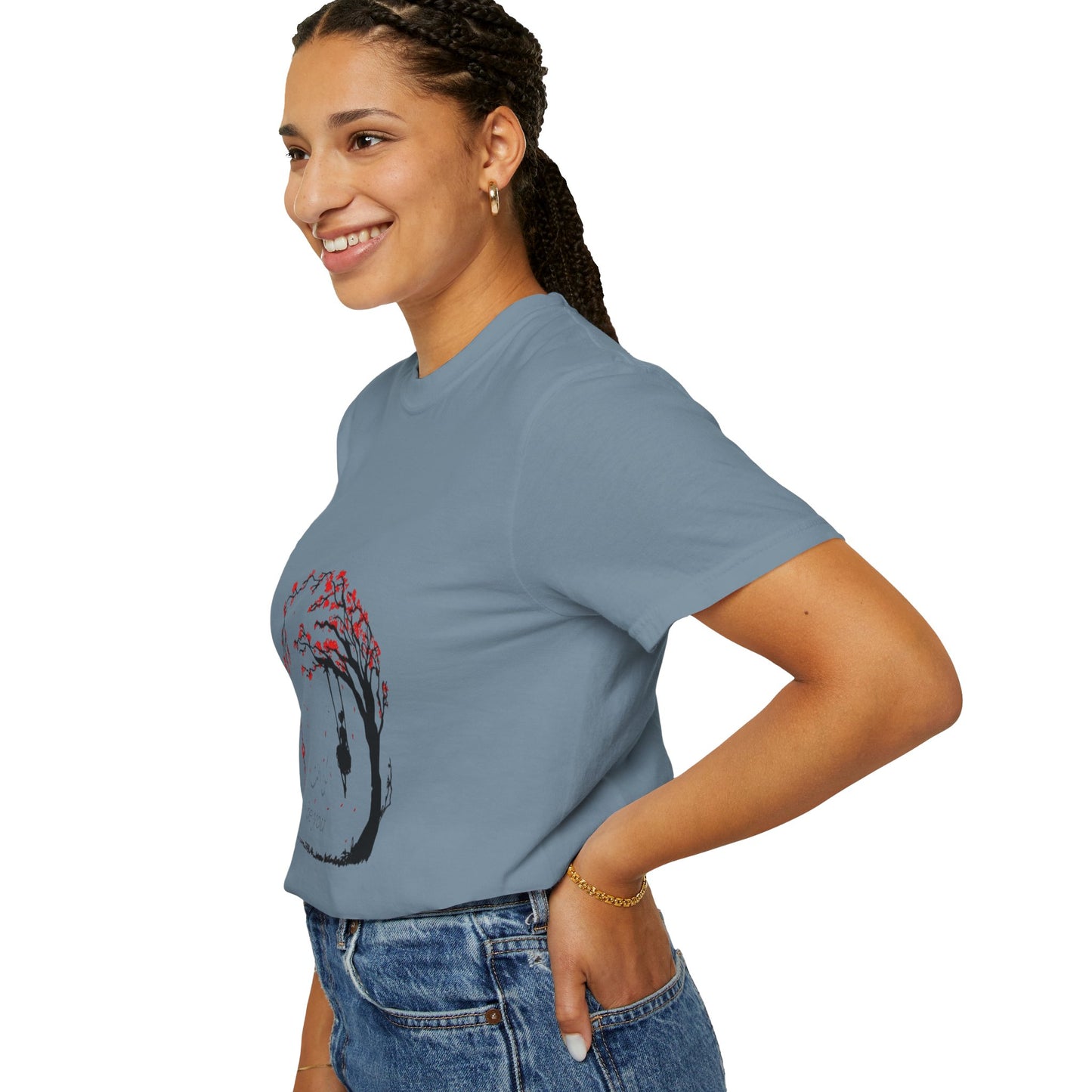 Model wearing a Cherry Blossom Unisex T-Shirt, showcasing its relaxed fit for casual outings or work-from-home comfort.