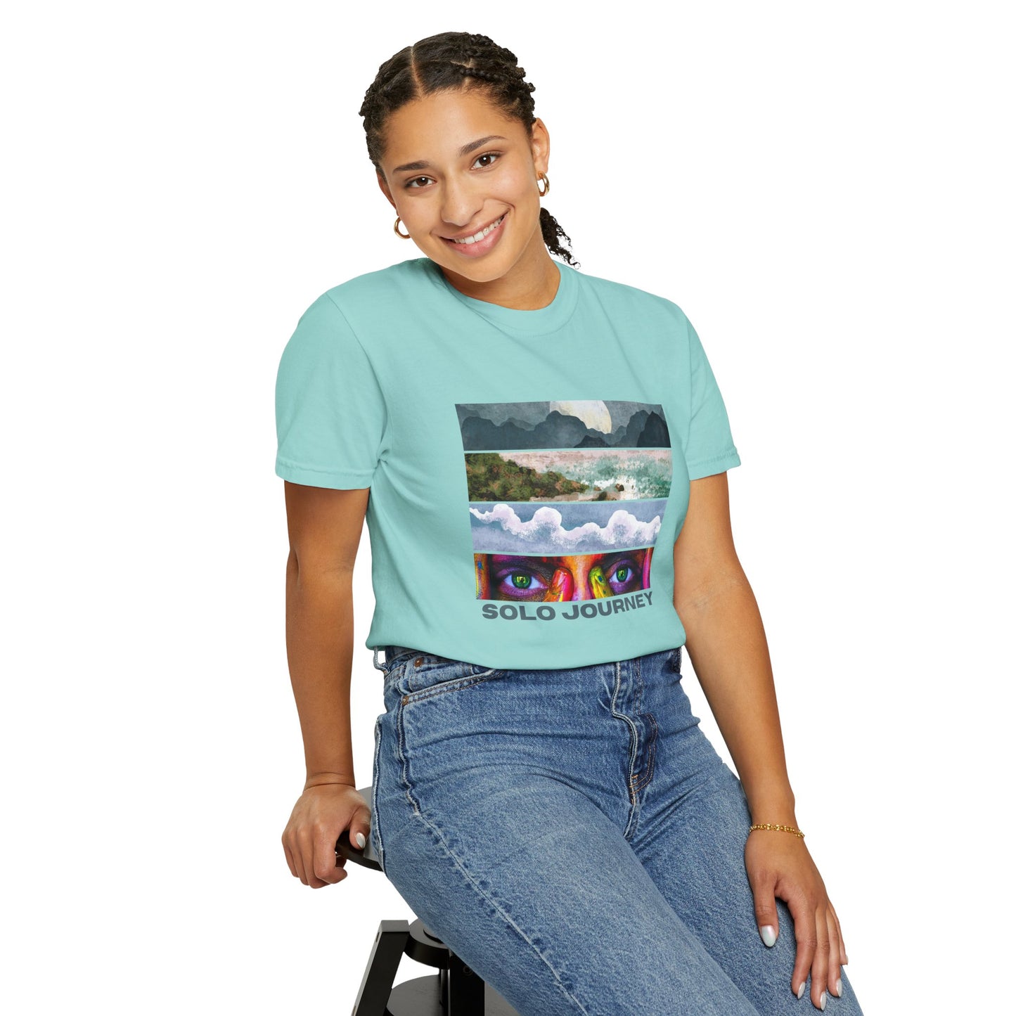 Vintage Aesthetic Oversized Boho T-Shirt 07 - Eco-Friendly Organic Cotton Tee displayed on a stylish wooden hanger, showcasing its unique hand-drawn graphic.