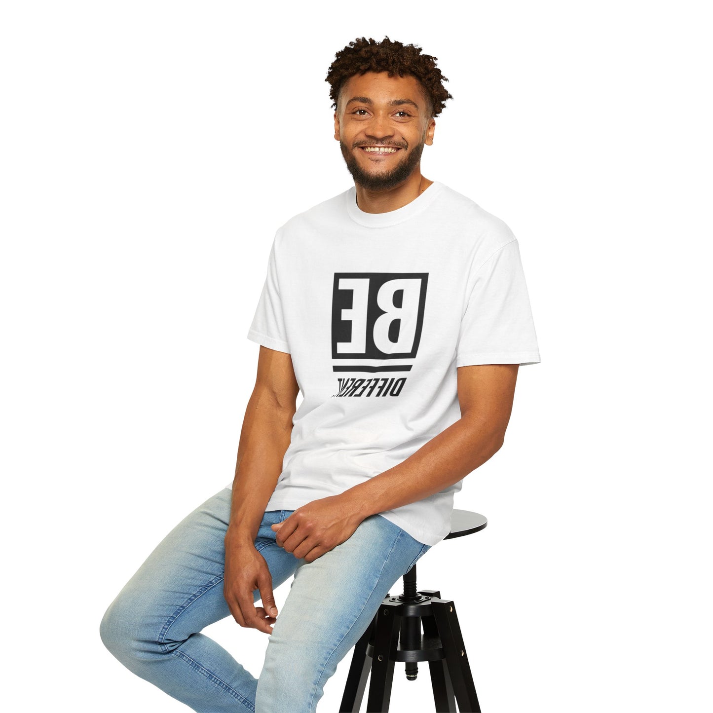 Be Different Art Graphic Oversized Boho T-Shirt worn casually, highlighting its relaxed fit and sustainable fashion appeal.