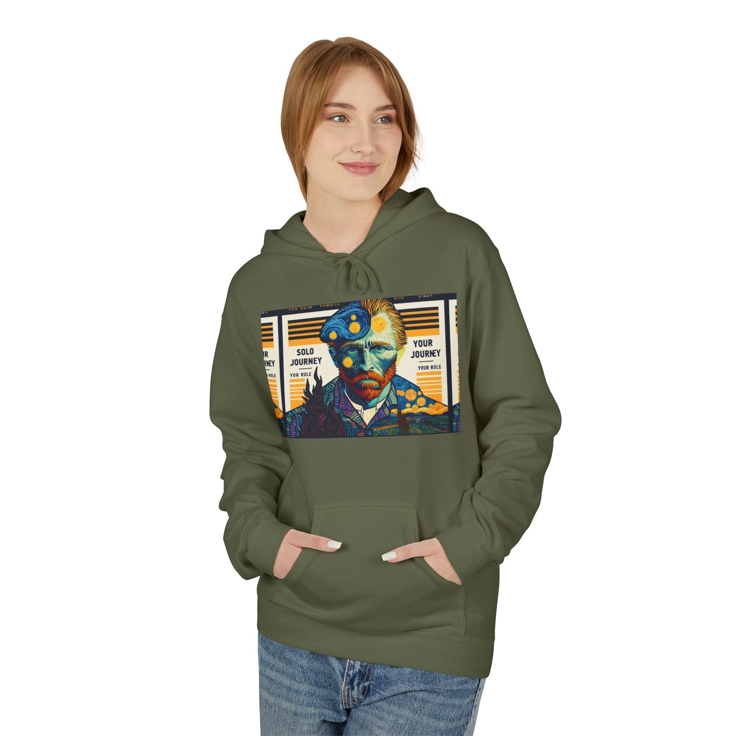 Van Gogh AI Graphic Western Rodeo Sweatshirt - Vintage Cowboy Oversized Boho Hoodie displayed on a model showcasing its vibrant artistic design and relaxed fit