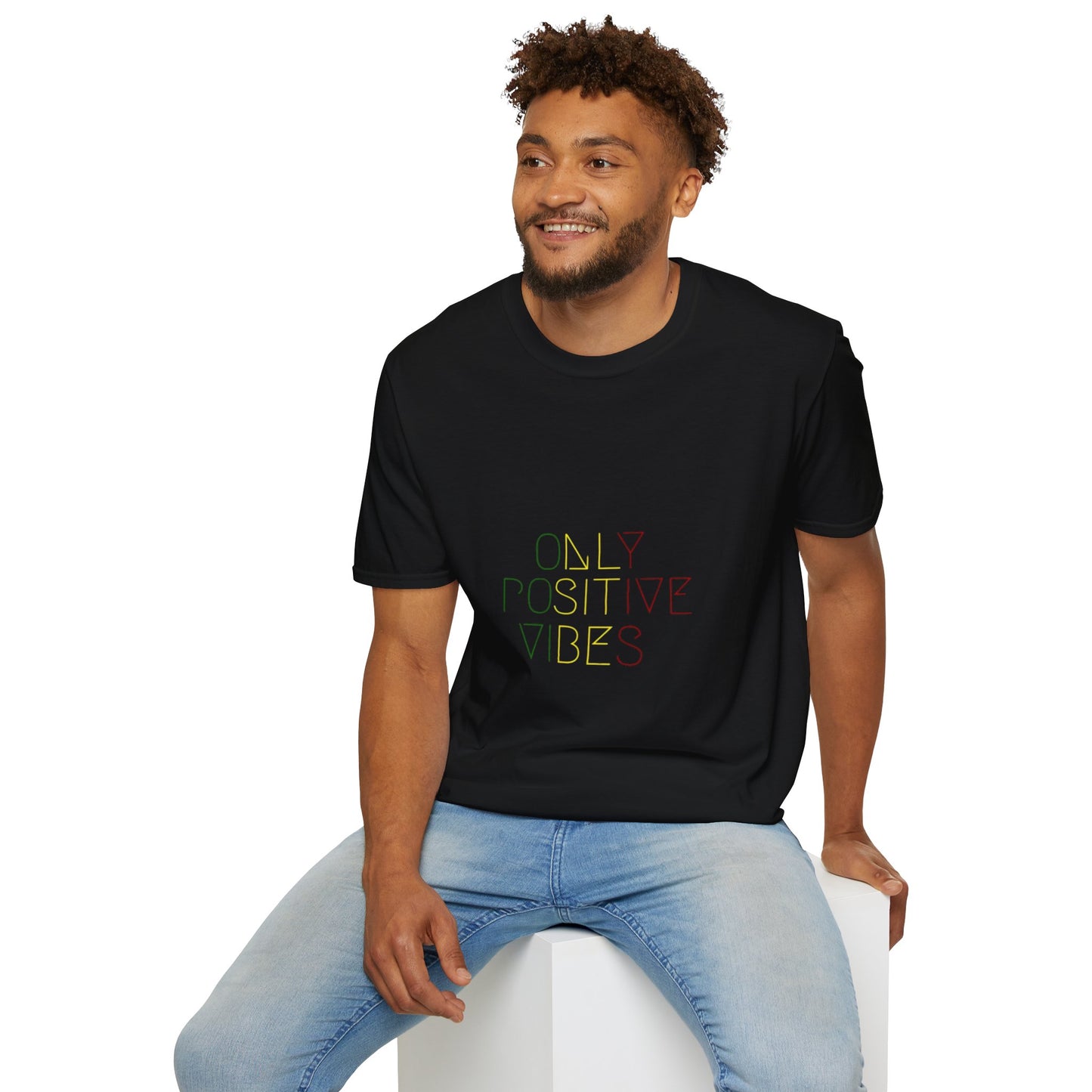 Positive Vibes Unisex Softstyle T-Shirt featuring a cheerful, minimalist design, perfect for those who love eco-friendly fashion.