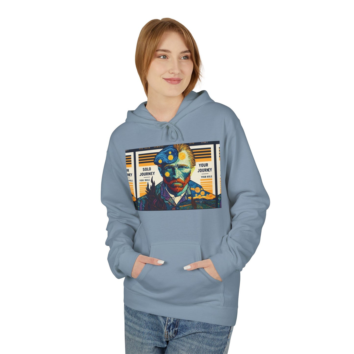 Close-up of Van Gogh AI Graphic Western Rodeo Sweatshirt - Vintage Cowboy Oversized Boho Hoodie in organic cotton, highlighting soft texture.