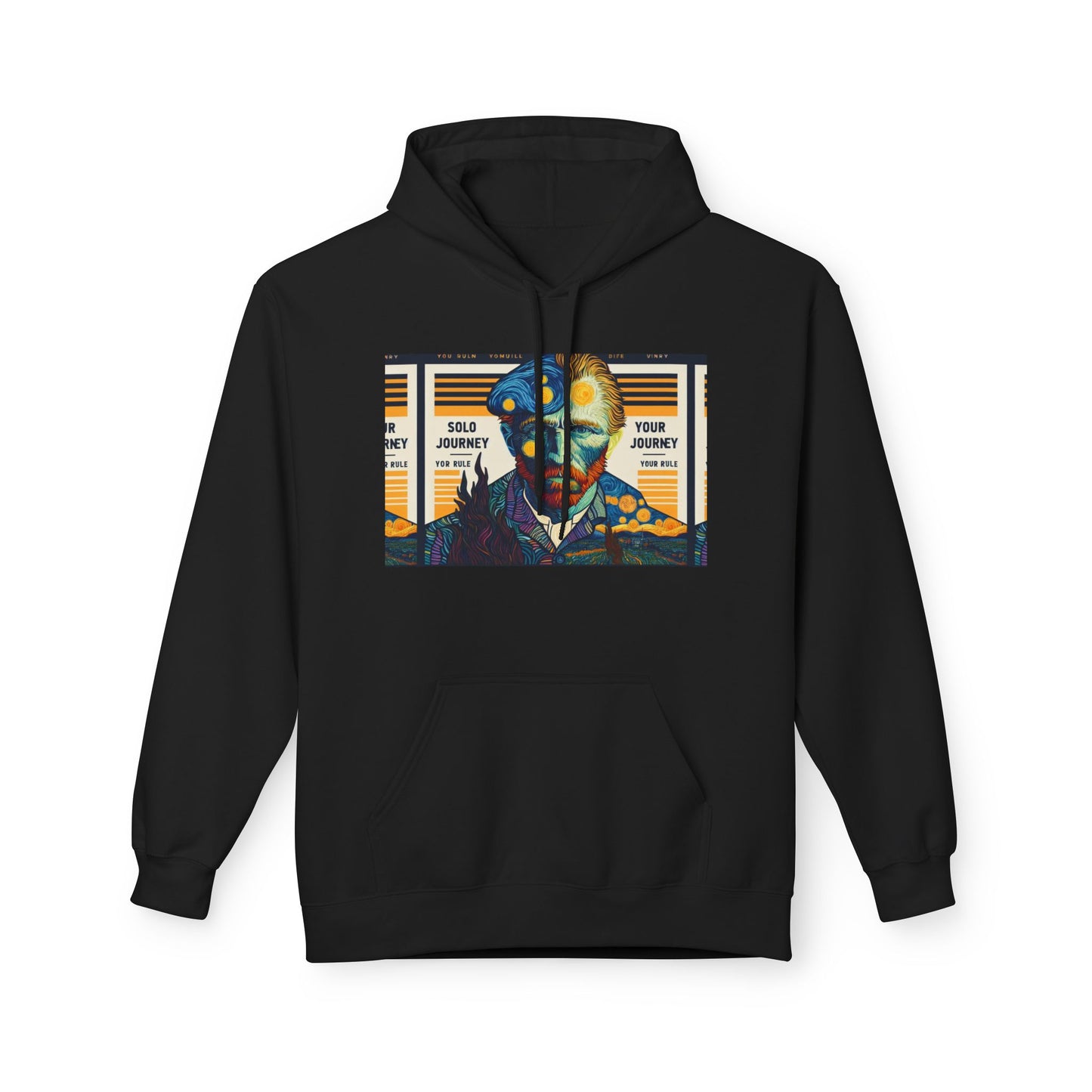 Flat lay of the Van Gogh AI Graphic Western Rodeo Sweatshirt on a wooden background, emphasizing its soft organic cotton fabric.