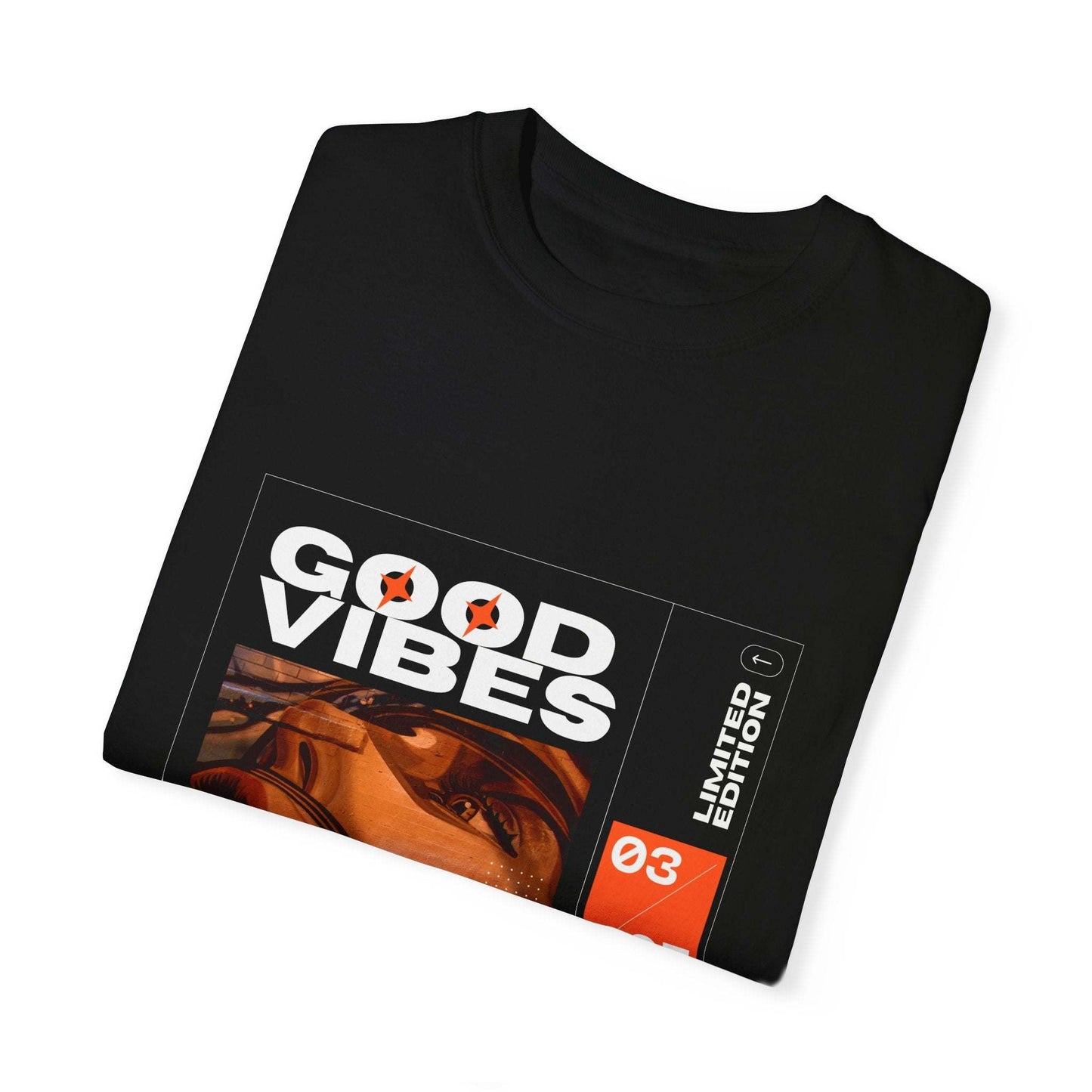 Lifestyle shot of a person wearing Good Vibes Graphic Design Pullover, emphasizing its relaxed oversized fit.
