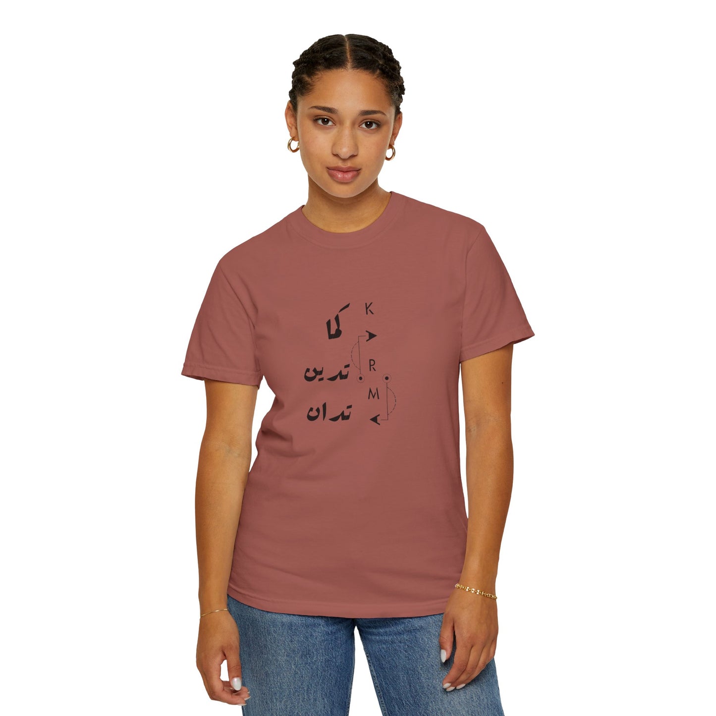Model wearing the Karma Has Its Ways - Vintage Aesthetic Oversized Boho Pullover Tee styled with high-waisted jeans for a chic look.