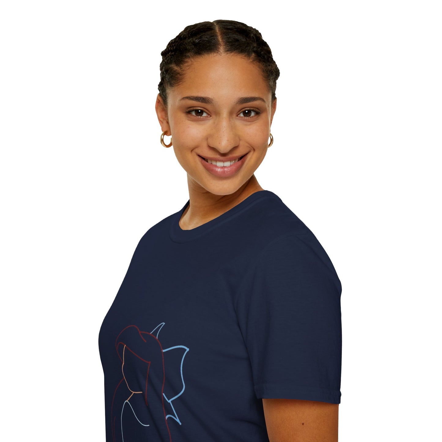 Detailed look at the vibrant print on the Unisex Minimalist Line Art T-Shirt, made from organic cotton.