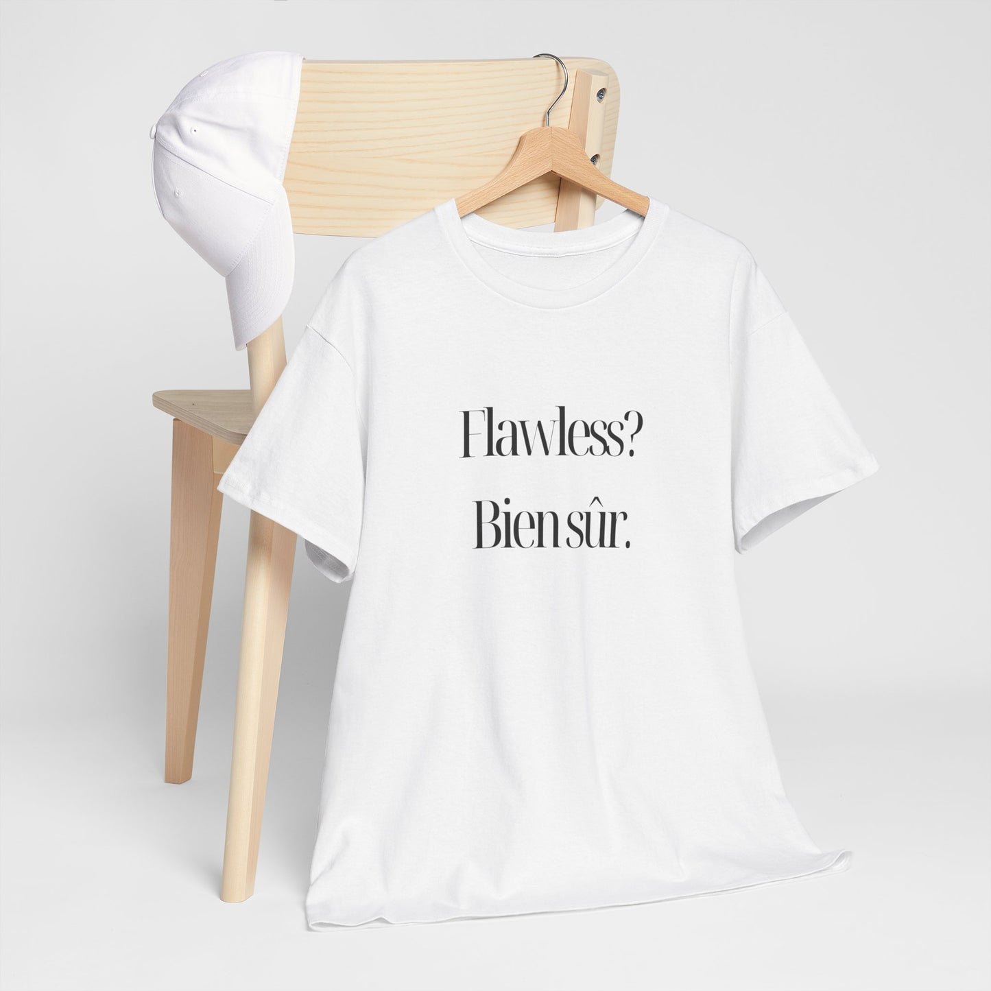 Model wearing Flawless? Bien Sûr - Unisex Heavy Cotton Tee, showcasing the comfort and eco-friendly fabric.
