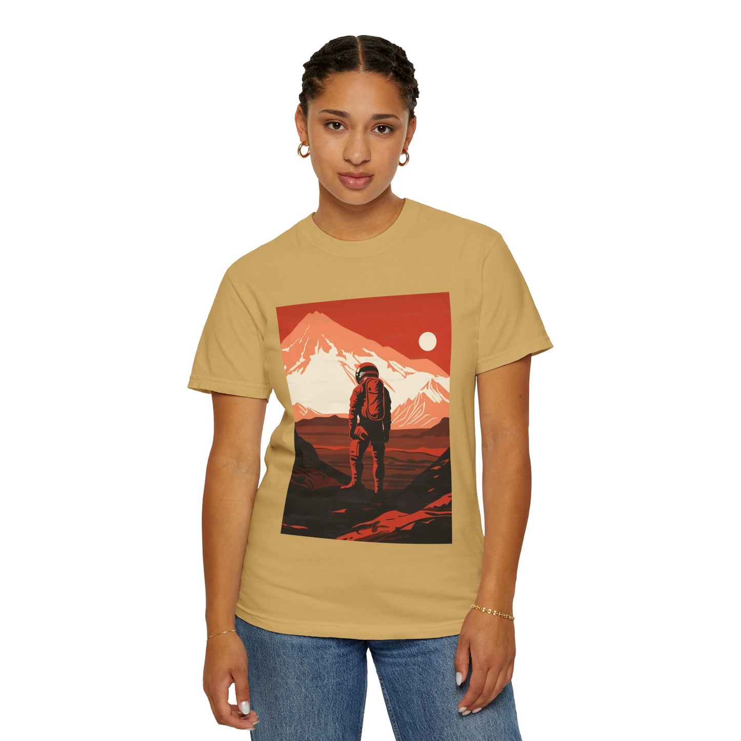 Casual model wearing Man On Mars Graphic T-Shirt, perfect for eco-conscious fashion lovers and comfortable everyday style.