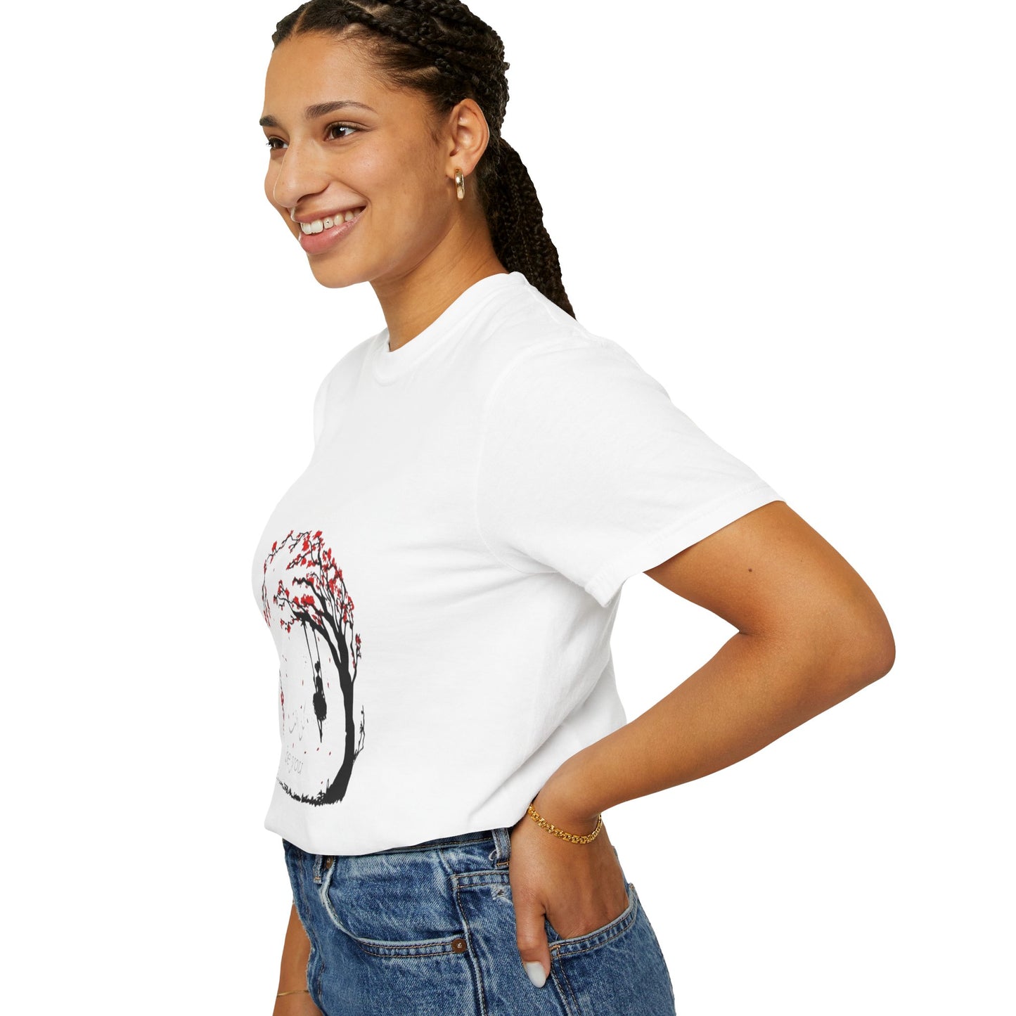 Cherry Blossom Unisex T-Shirt showcasing its unique graphic design, made from 100% organic cotton for ethical fashion.