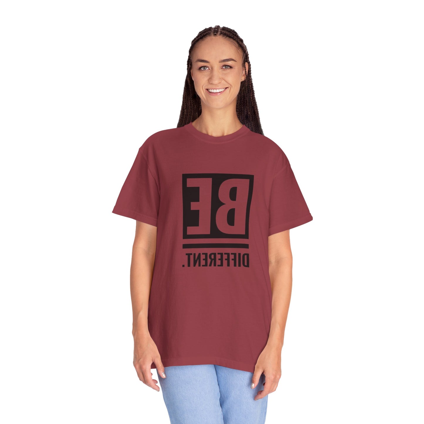 Close-up of the Be Different Art Graphic Oversized Boho T-Shirt's vibrant graphic print, highlighting its artistic design perfect for sustainable living.