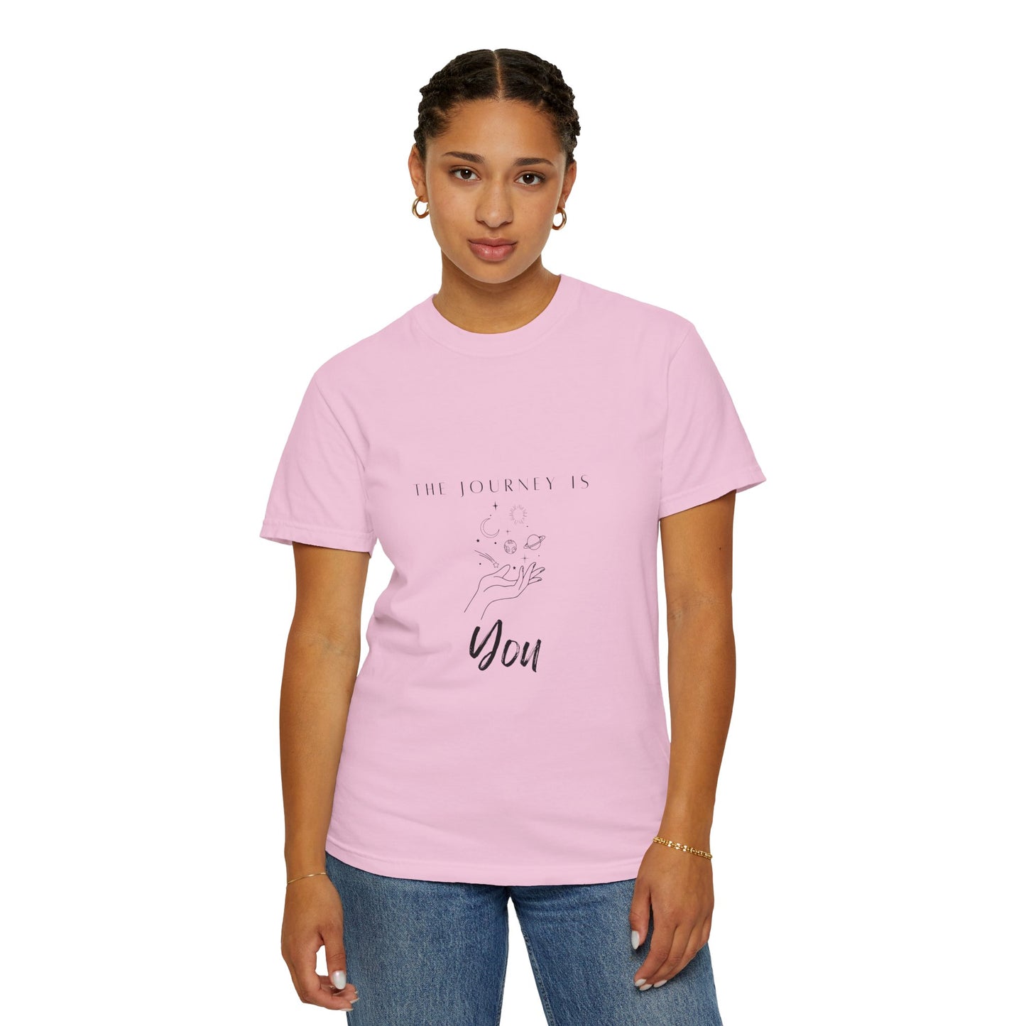 Person wearing the Vintage Aesthetic Oversized Boho T-Shirt Pullover with high-waisted jeans, a perfect blend of style and comfort.