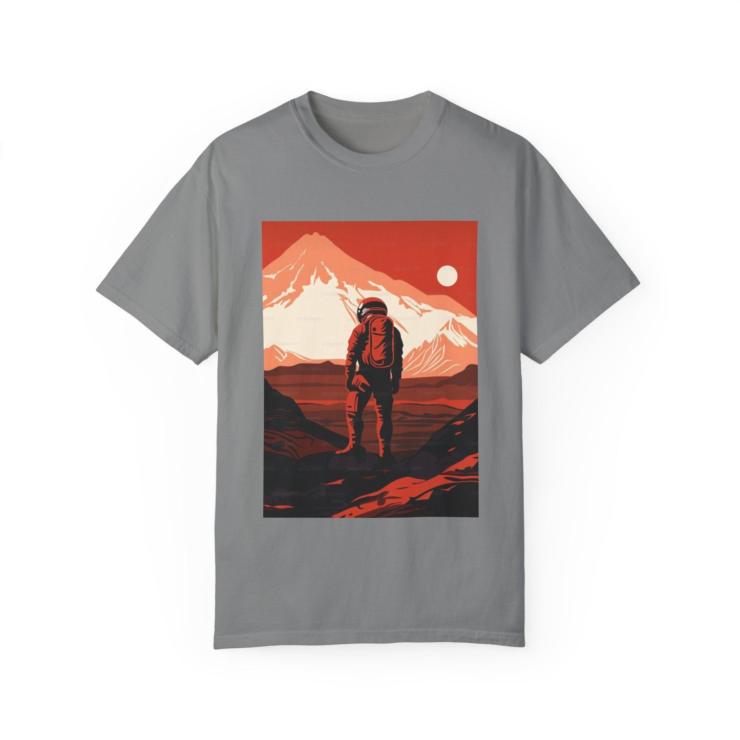 Group of friends dressed in the Man On Mars Graphic T-Shirt, showcasing its versatility and unisex fit for all occasions.