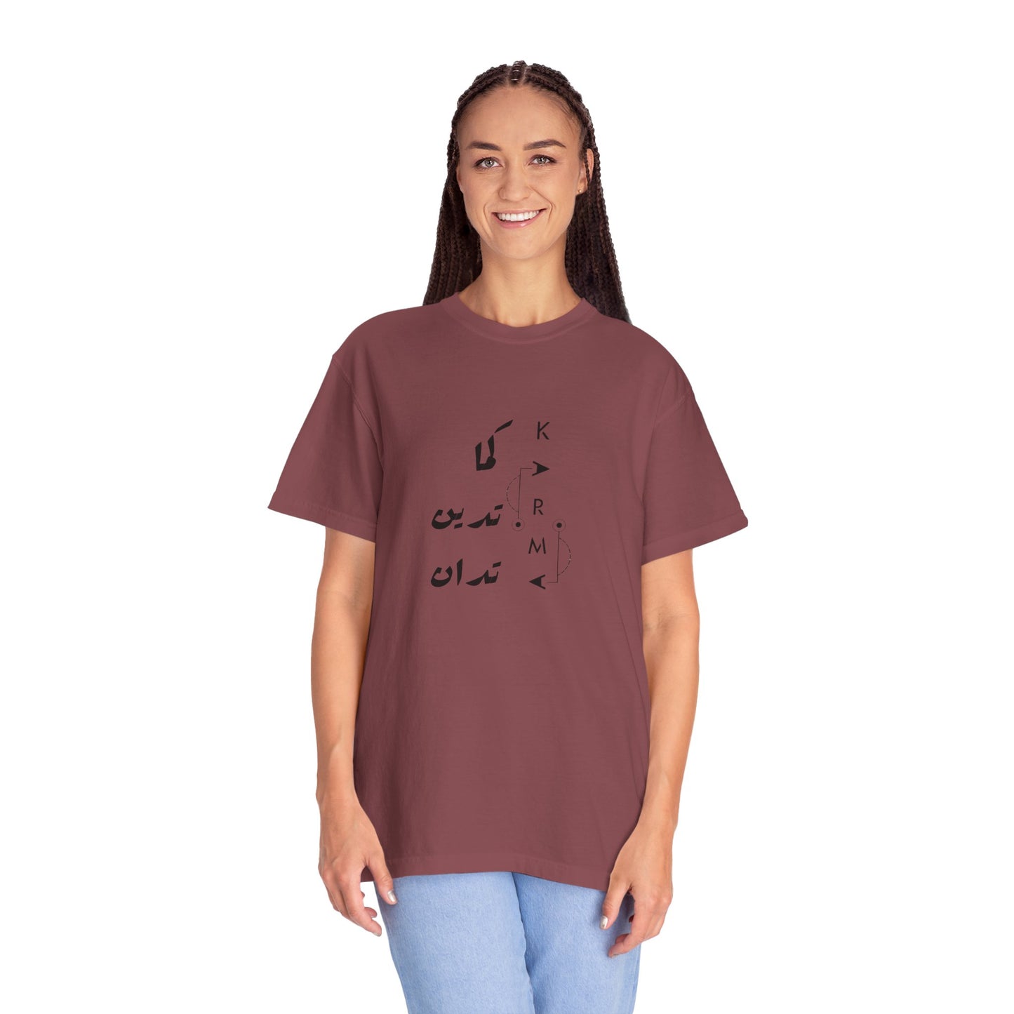 Karma Has Its Ways - Vintage Aesthetic Oversized Boho Pullover Tee in Organic Cotton styled with high-waisted jeans for a relaxed street look.